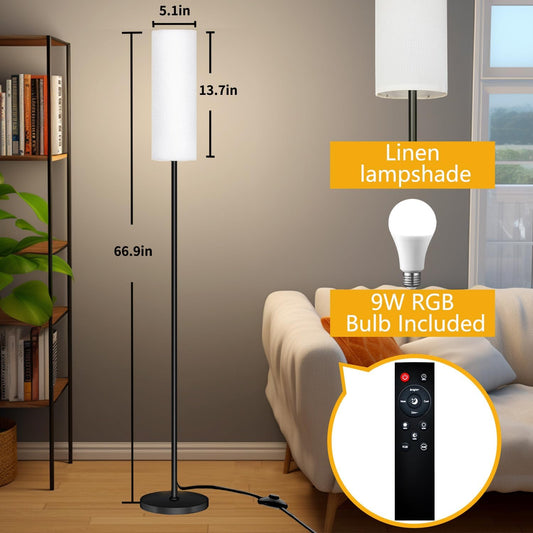 Smart LED Floor Lamp with APP Control & RGB Colors - Dimmable Standing Lamp for Living Room, Bedroom, Gaming - Remote, Timer, 9W Bulb Included, 67" Modern Tall Lamp (black pole + white shade)