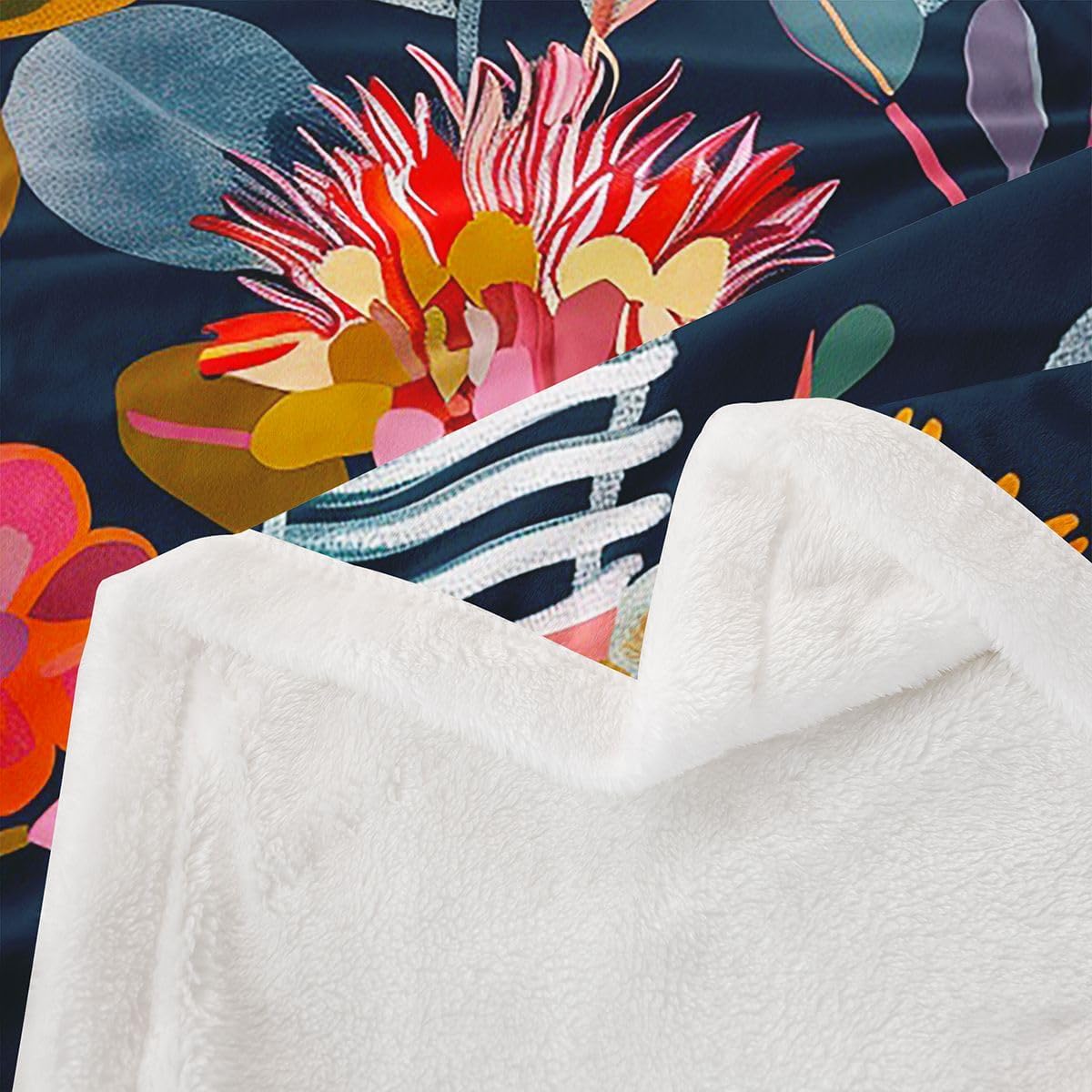 Feelyou Floral Sherpa Throw Blanket for Couch Navy/Pink/Orange Super Soft Cozy Fleece Garden Blanket for Winter, Plush Throw Vintage Floral Baby 30"x40" All Season