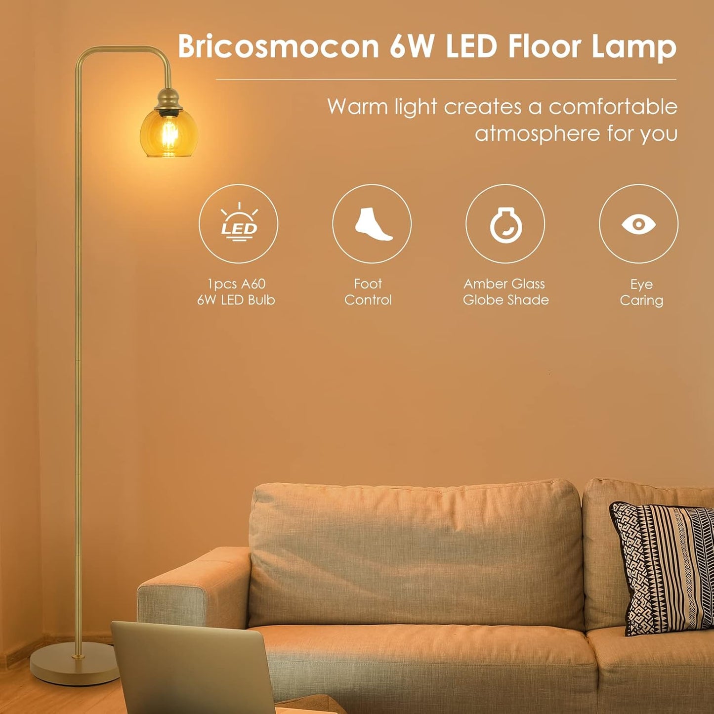 Modern Floor Lamp for Living Room with 6W LED Bulb, Industrial Floor Lamp, Amber Glass, Classic Reading Tall Lamp for Home Office, Standing Lamp for Study, Minimalist, Vintage, Mid Century, Brass Gold