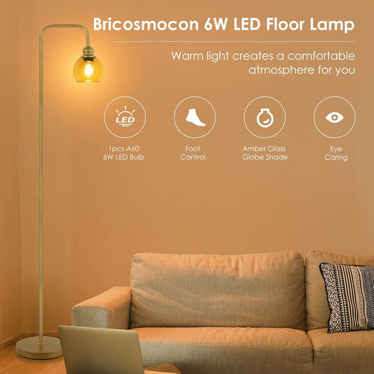 Modern Floor Lamp for Living Room with 6W LED Bulb, Industrial Floor Lamp, Amber Glass, Classic Reading Tall Lamp for Home Office, Standing Lamp for Study, Minimalist, Vintage, Mid Century, Brass Gold