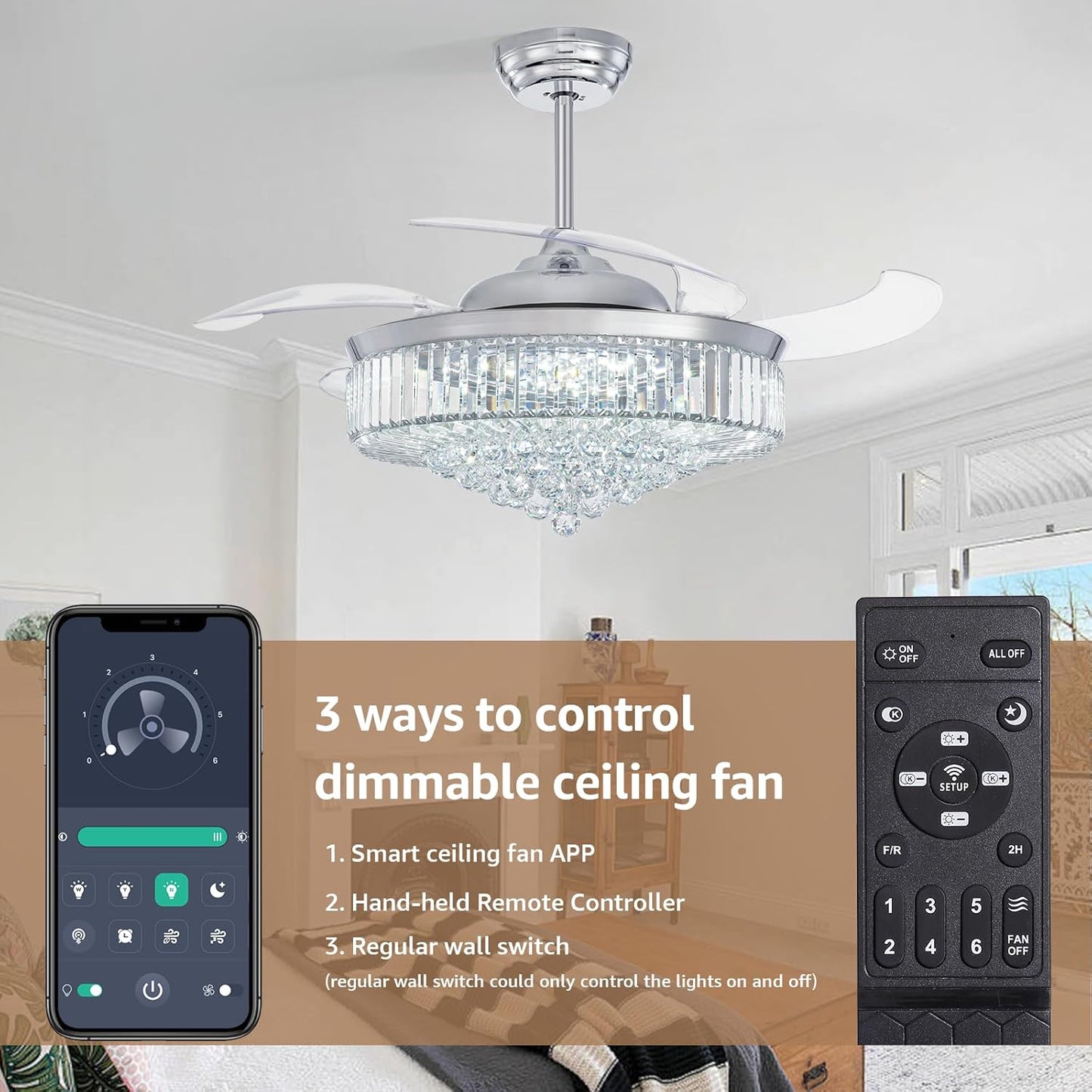 52 Inch Fandelier Ceiling Fan with Lights and Remote, Dimmable Crystal Chandelier Fan, LED Crystal Fan Light Kit for Dining Room Bedroom-Chrome
