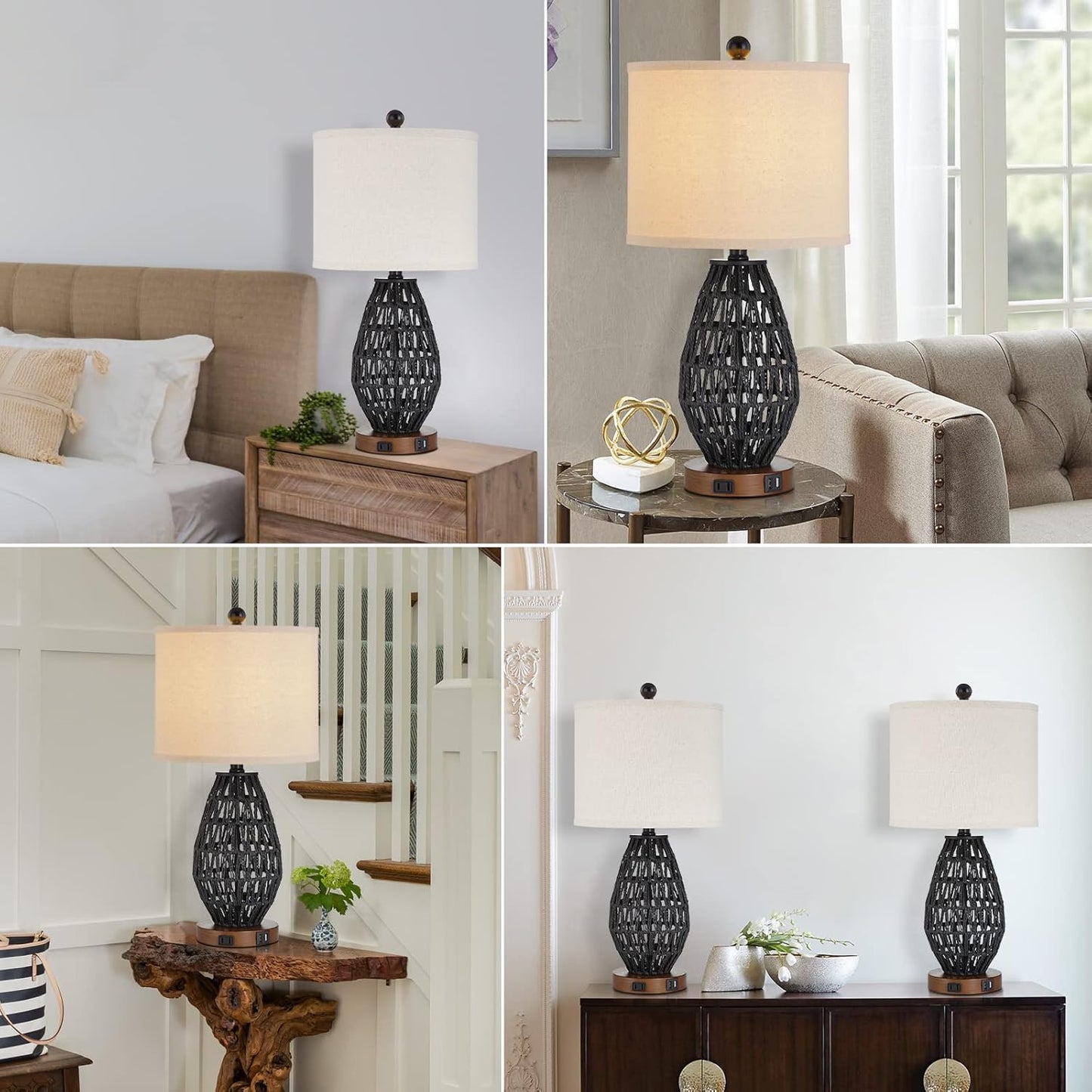 Touch Control Rattan Table Lamps, 3 Way Dimmable Bedside Lamps for Bedroom Set of 2 with 2 USB Ports and AC Outlet, Wicker Nightstand Lamps for Living Room (LED Bulbs Included), Black