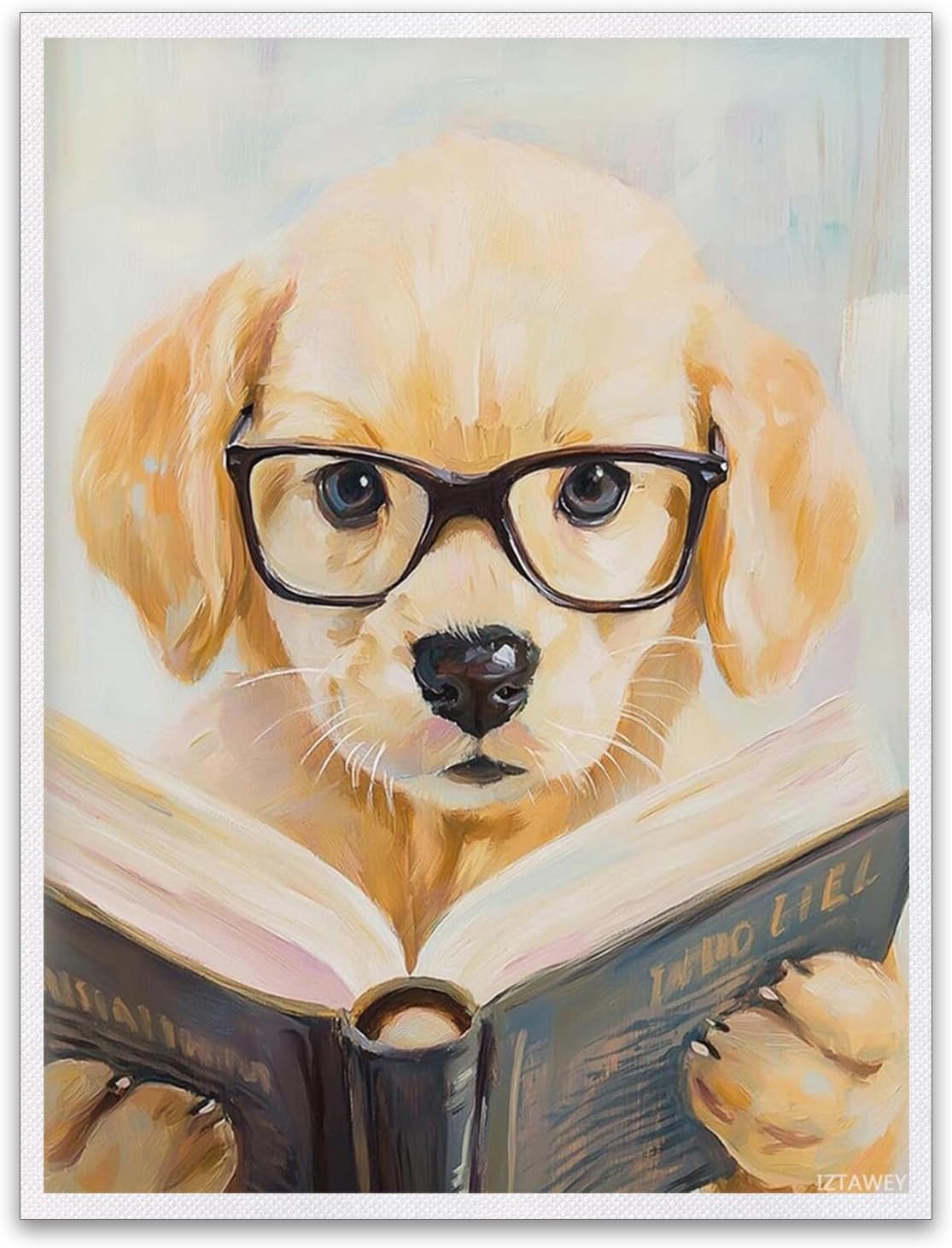 IZTAWEY Cute Dog Reading Book Retro Rustic Poster Canvas Wall Art Retro Artwork Aesthetic Home Decor Picture Print for Living Room Bathroom Bedroom Wall Art Decor No Frame 12x16inch
