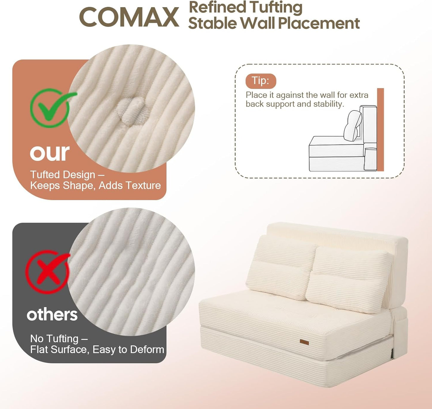 COMAX Folding Sofa Bed, Foldable Couch for Bedroom, Convertible Floor Sleeper Futon Chair Foam, Corduroy 3 in 1 Fold Out Chair Portable Comfy Lounge Couch Sofa Bed for Small Space, Twin, Beige