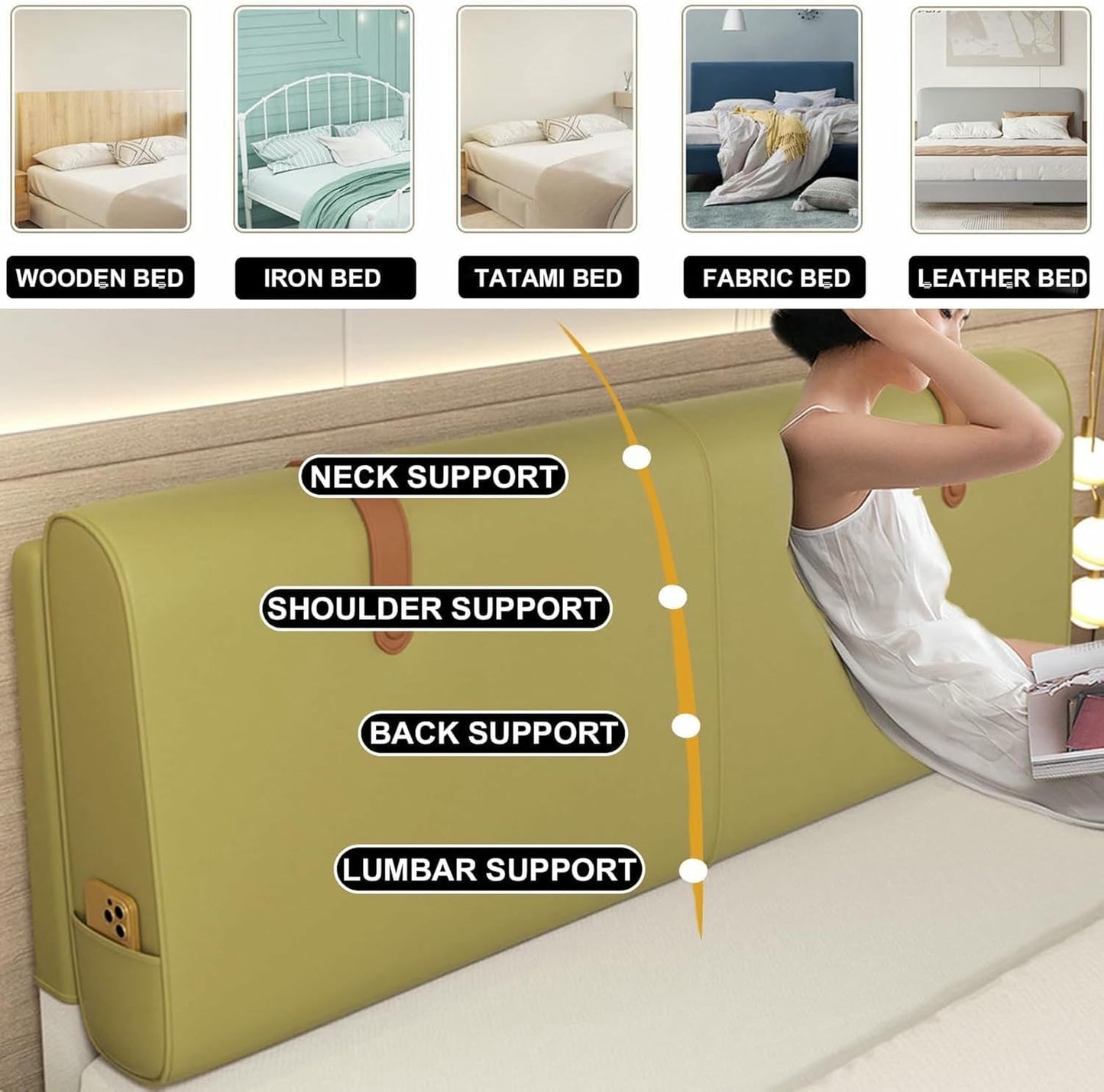Faux Leather Headboard Upholstered Solid Color Support Pillowboard,Lumbar Cushion Large Backrest Bedside Cushion,Sofa Bed Bunk Bed Reading Pillow,Khaki,Straps 79"/King