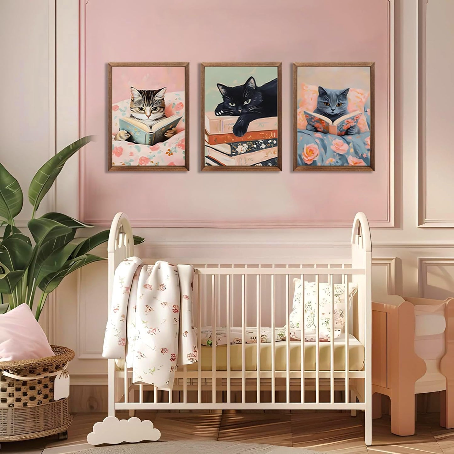 Chmylon Wall Art Set of 3,Cute Reading Cats Canvas Wall Decor, Funny Animal Book Art Prints, Pink Aesthetic Wall Artwork for Girls Room Bedroom Kids Room Living Room Bathroom Decor 12x16In Wood Framed