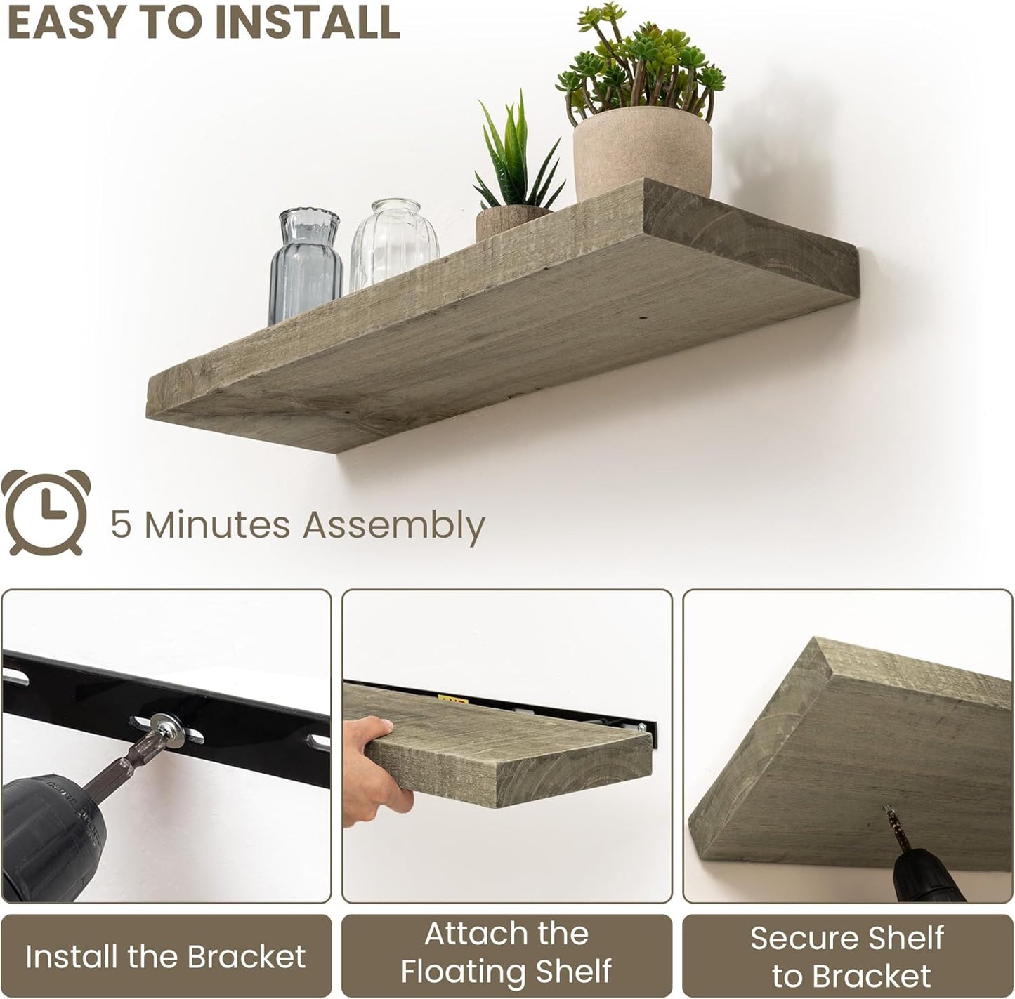 24" Long Solid Reclaimed Wood Floating Shelves, Rustic Heavy-Duty Wall Shelves with Invisible Bracket, 8" Deep Floating Shelf for Living Room, Bathroom, Bedroom and Kitchen, Set of 2, Grey