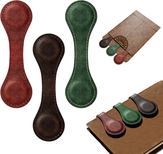Set of 3 Magnetic Bookmarks, Vintage Genuine Leather Book Marks for Reading, Magnetic Page Clips Book Markers, Best Gift for Book Lovers Reading Men Women Teachers Students(Burgundy+Green+Coffee)