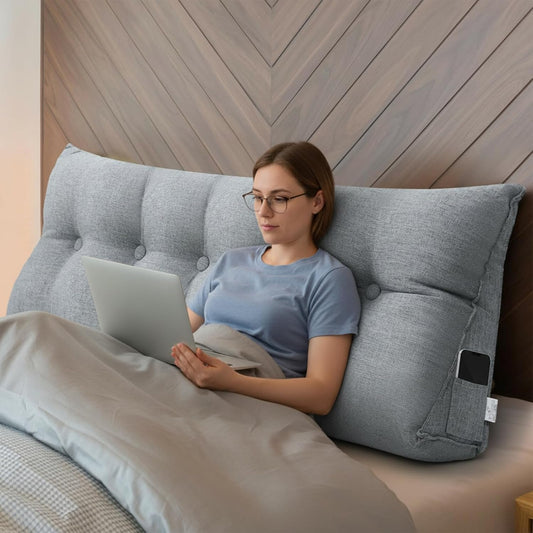 Wenqik Wedge Pillow Queen Triangular Headboard Bed Reading Backrest Back Support Long Pillow with Removable Cover for Dorm Room Supplies Housewarming Gift(Gray)