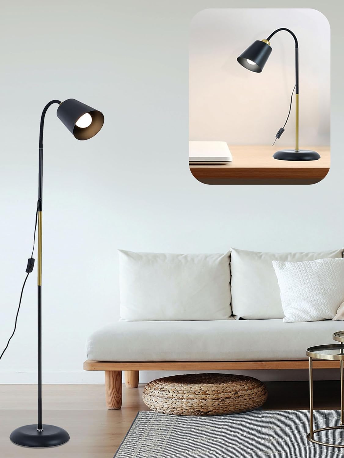 AoMck Floor Reading Lamp, Industrial Metal Floor Lamps for Living Room with Adjustable Bendable, 2 in 1 Reading Table Lamps for Living Room Bedroom Office, 12W Bulb Included (Black)