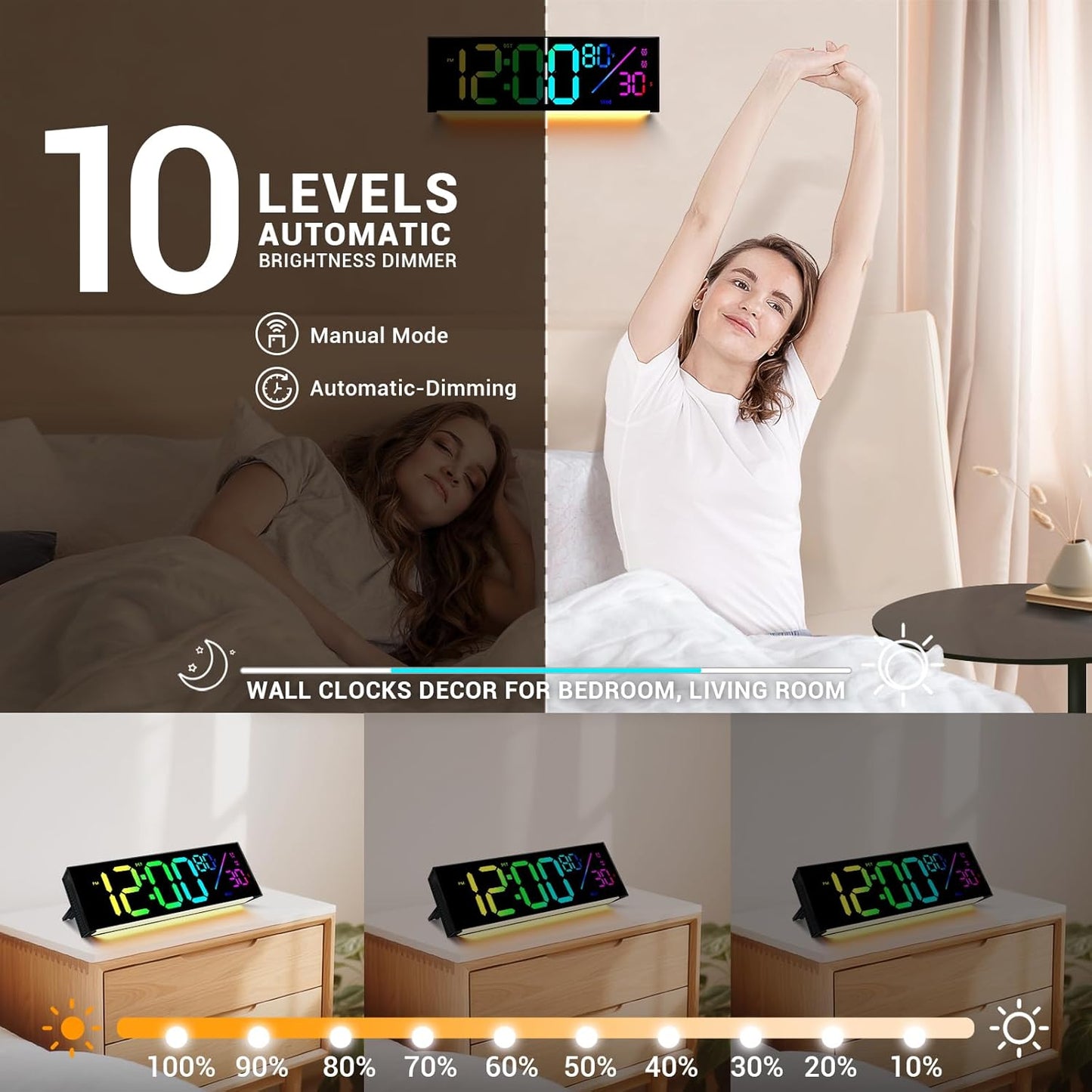 12" Digital Wall Clock: LED Large Display Clock with Remote, 11 RGB Color Modes, Wall Mount or Tabletop Decor for Classroom Dorm Office, Big Numbers for Seniors Kids