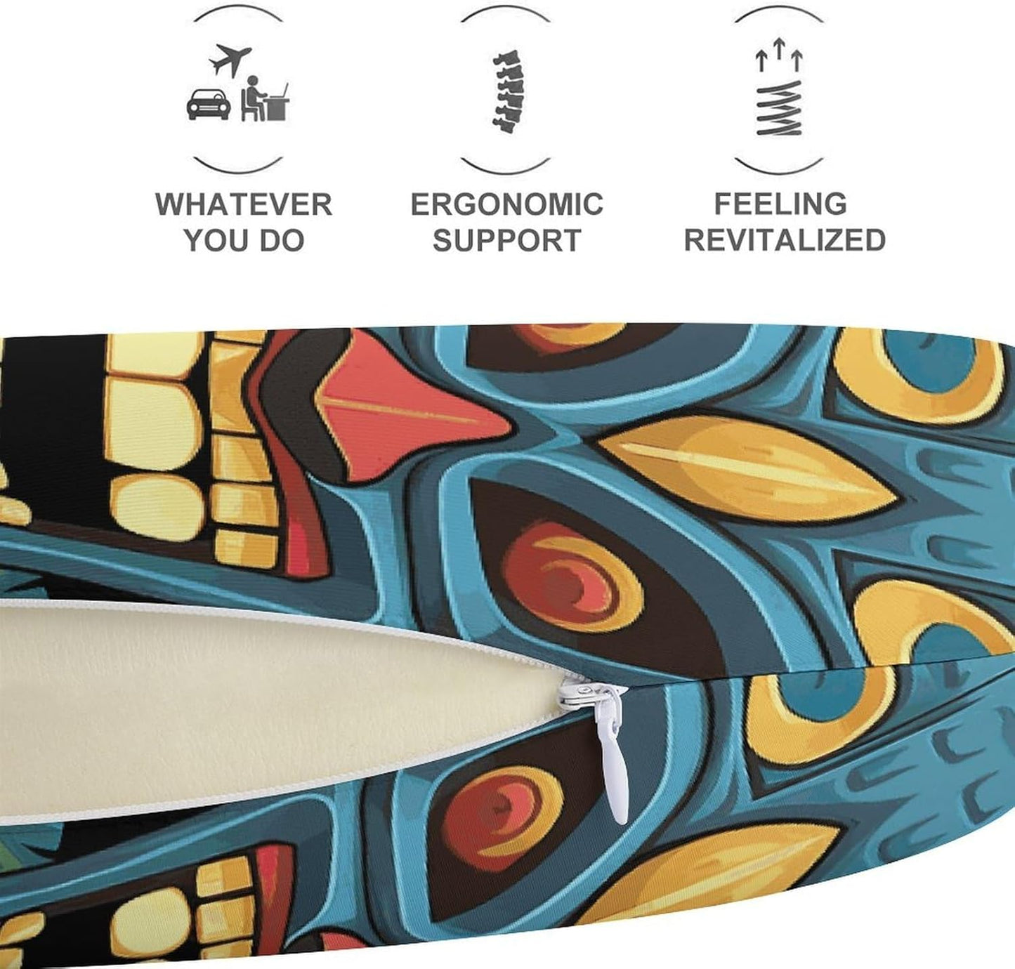 Colorful Tiki Mask Pattern Neck Pillow Memory Foam U Shaped Pillows Portable Pillows for Shoulder Travel Head Support Pillow with Concealed Zipper for Airplane Car Home Office