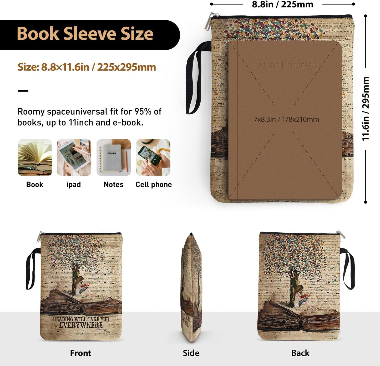 Reading Will Take You Everywhere Book Sleeve for Girls - Book Club Gifts Waterproof Book Cover | Vintage Travel Inspired Gifts for Book Lovers (Zipper Pocket)