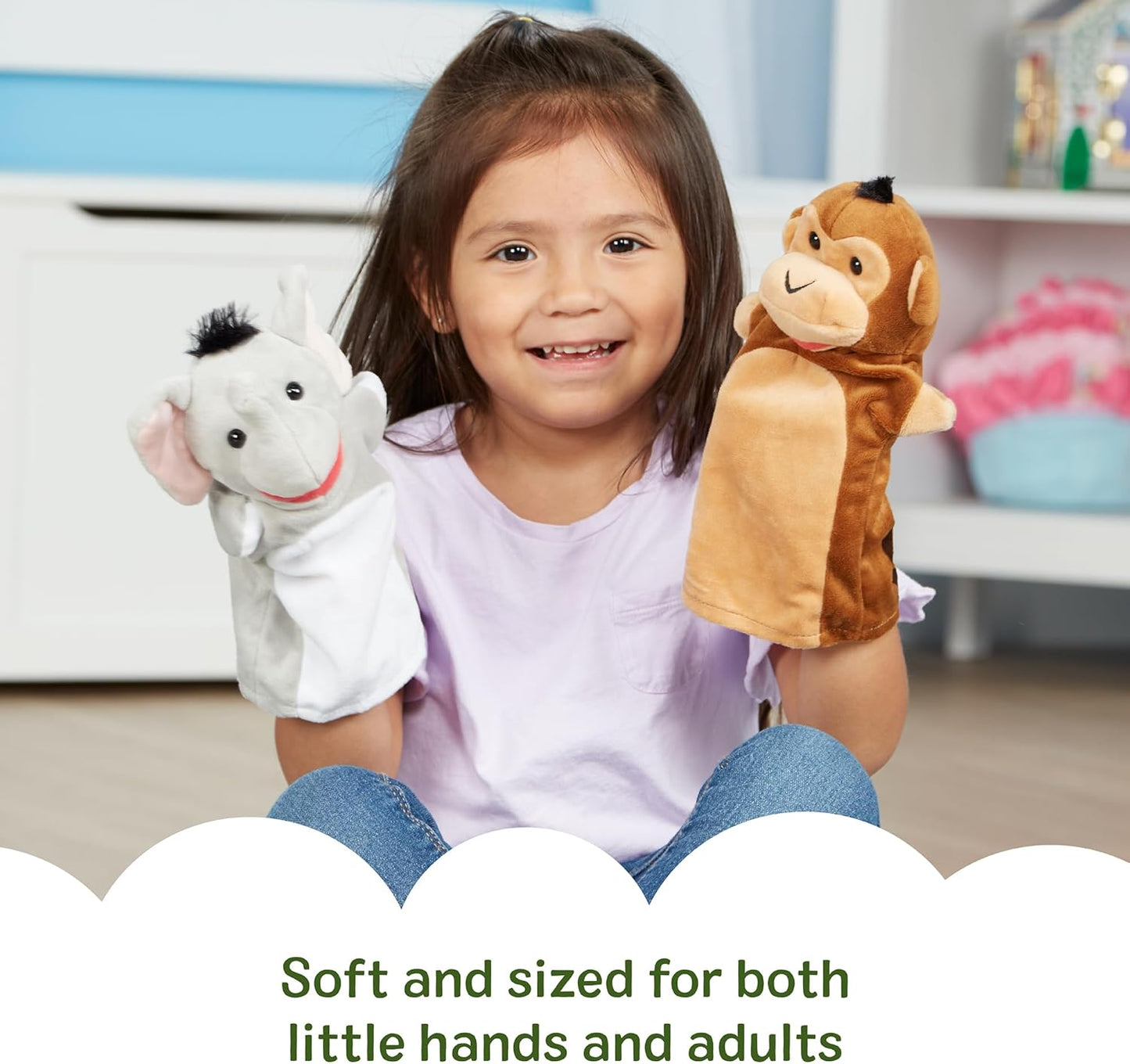 Melissa & Doug Safari Buddies Hand Puppets, Set of 6 (Elephant, Tiger, Parrot, Giraffe, Monkey, Zebra) Soft, Plush Puppet, Stuffed Animals, Pretend Play Toddler Toys for Girls & Boys 2+