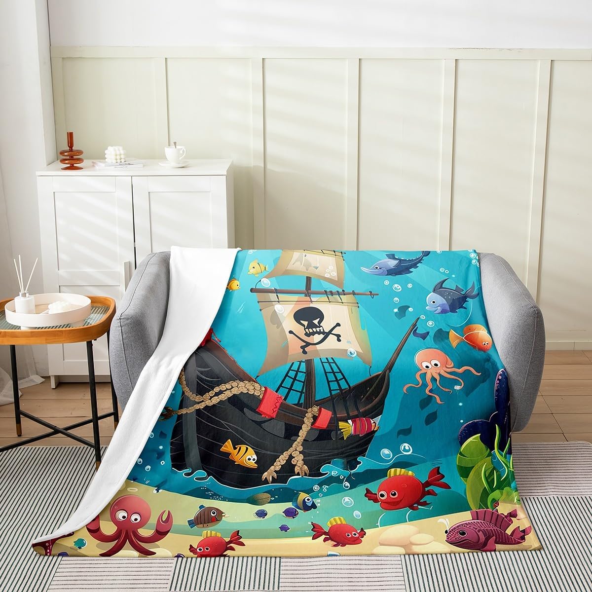 Cartoon Pirate Ship Throw Blanket 40x50 Marine Adventure Fleece Blanket for Kids Underwater Ocean Fish Flannel Blanket All Season Cute Octopus Jellyfish Plush Blanket