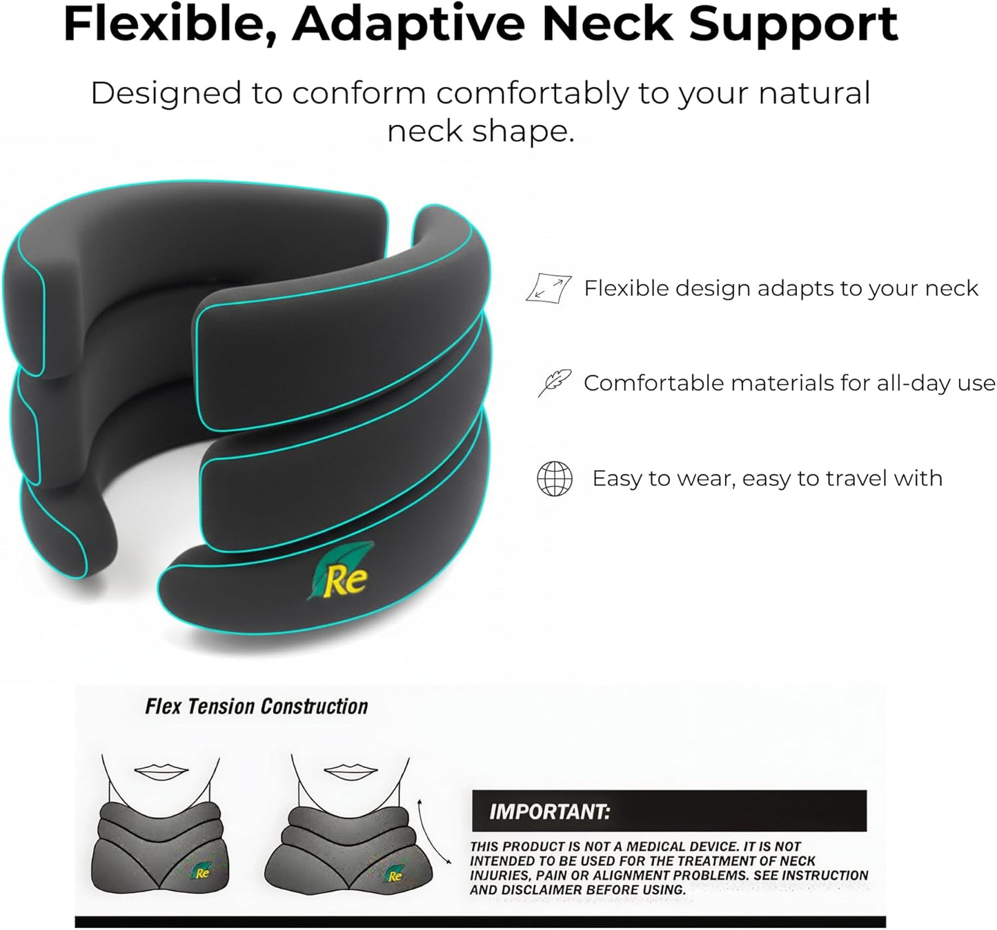 Caldera International - Releaf® Neck Rest – Soft Neck Brace for Neck Pain and Support, Comfortable Neck Brace for Sleeping, Cervical Collar Neck Support Brace for Travel, Reading - Large, Black