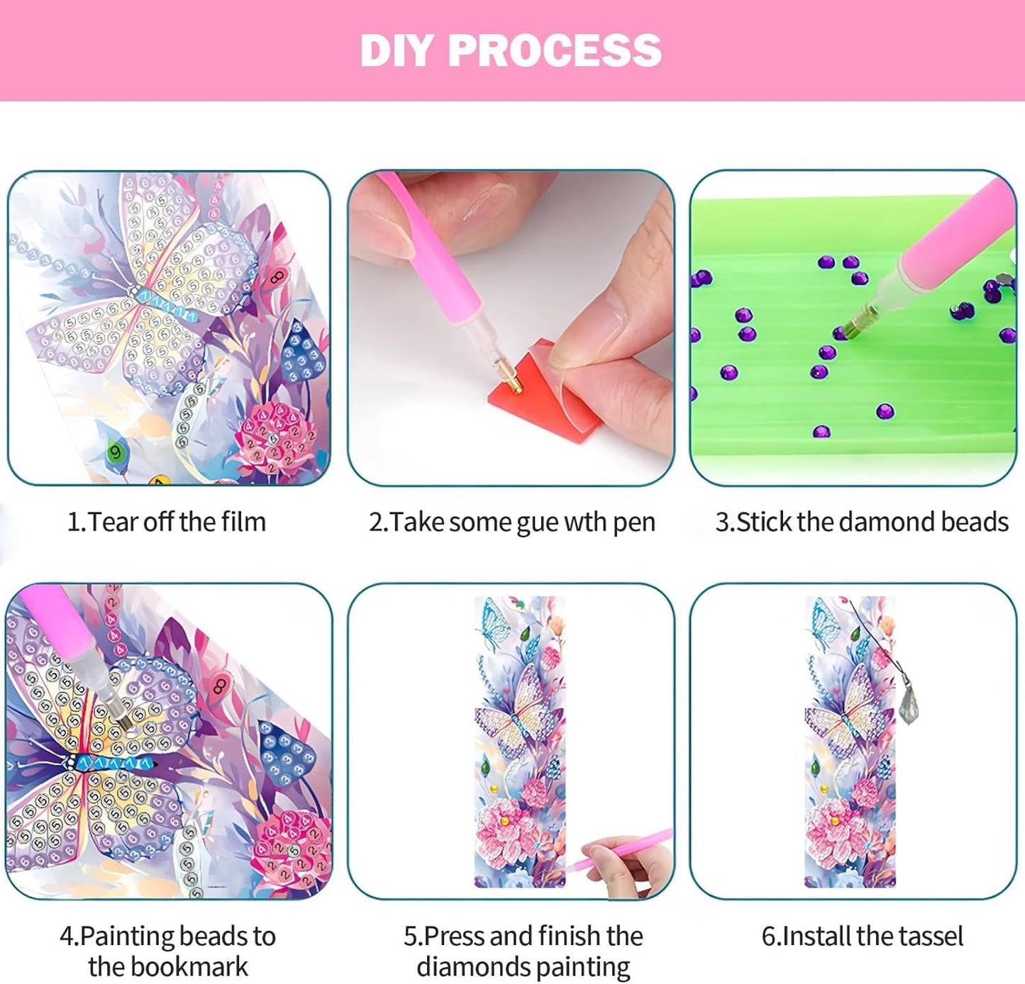 ACSAUMMY 4pcs Butterfly Diamond Painting Bookmark, 5D Diamond Art Bookmarks with Flower Design Beaded Rhinestone Pendant DIY Diamond Art Kits for Adult Crafts Reading Women Beginner Birthday Gift