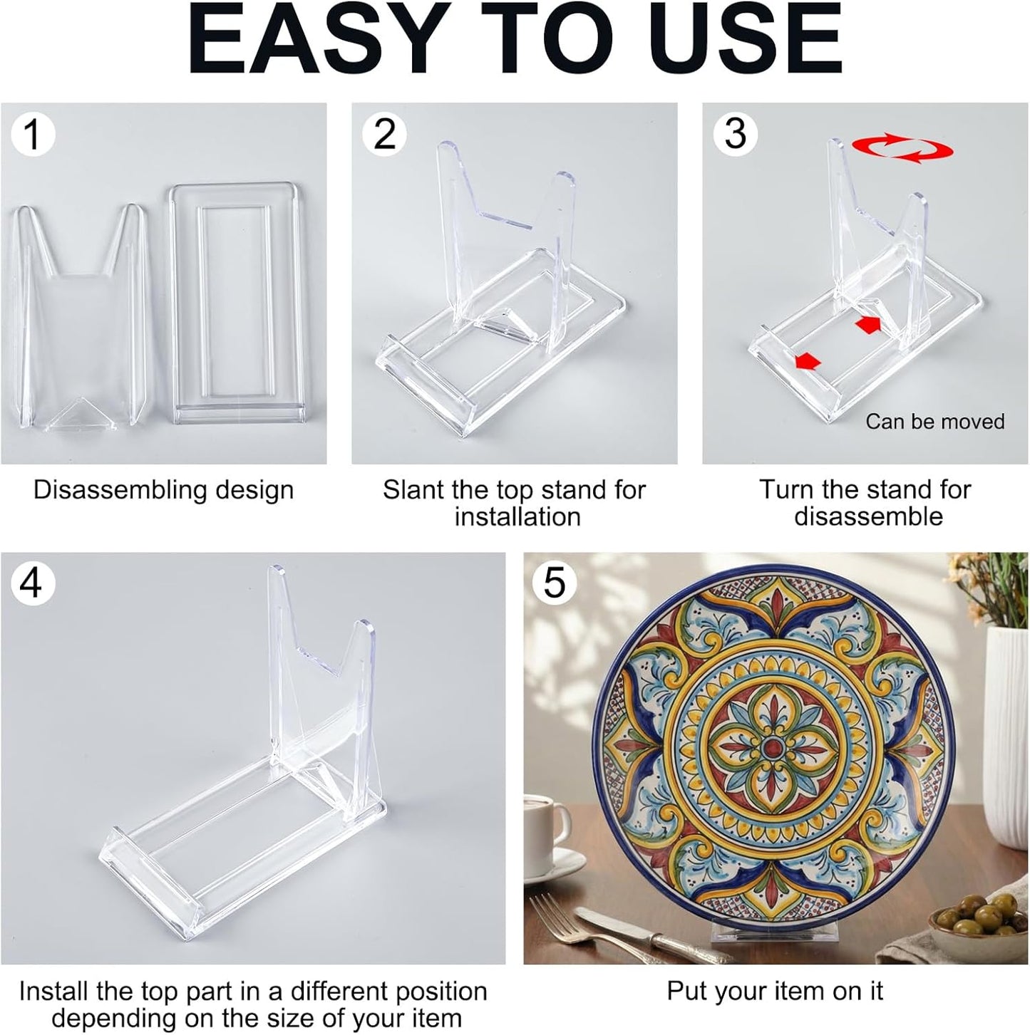 30 Pack 5.91 Inch Acrylic Adjustable Plate Stands for Display Large Clear Stand Holder Picture Plate Holder Clear Easels Stands to Display Pictures for Home Office Festival Party Decoration