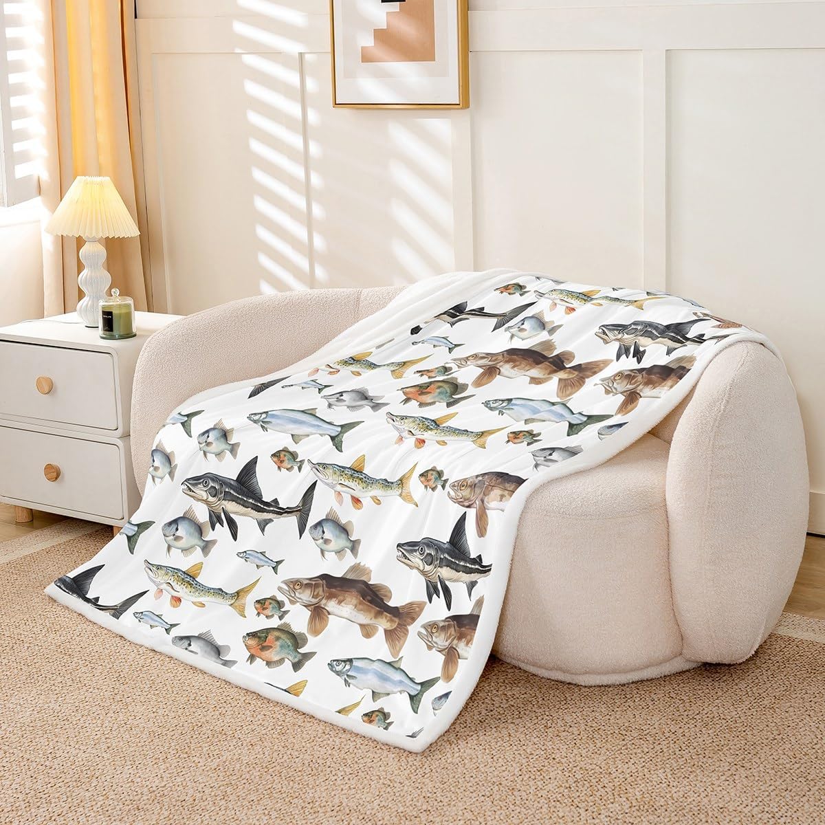 Erosebridal Fishing Fleece Blanket,Freshwater Fish Throw Blanket Twin 60x80 Inch for Bedroom Living Rooms Sofa Couch,Marine Life Fuzzy Blanket,Watercolor Wildlife Sherpa Blanket