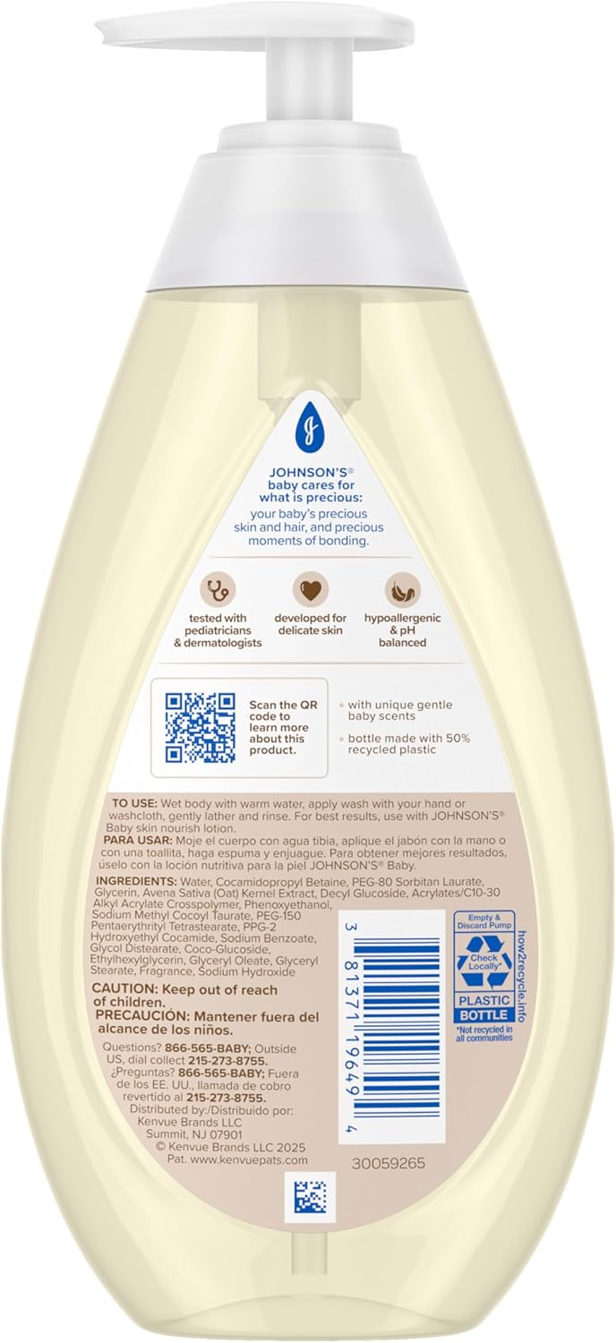 Johnson's Skin Nourishing Moisture Baby Wash, Vanilla & Oat Scents, Tear-Free, Hypoallergenic Baby Body Wash Cleanses, Protects from Dryness, & Leaves Skin Feeling Hydrated, 20.3 fl. oz