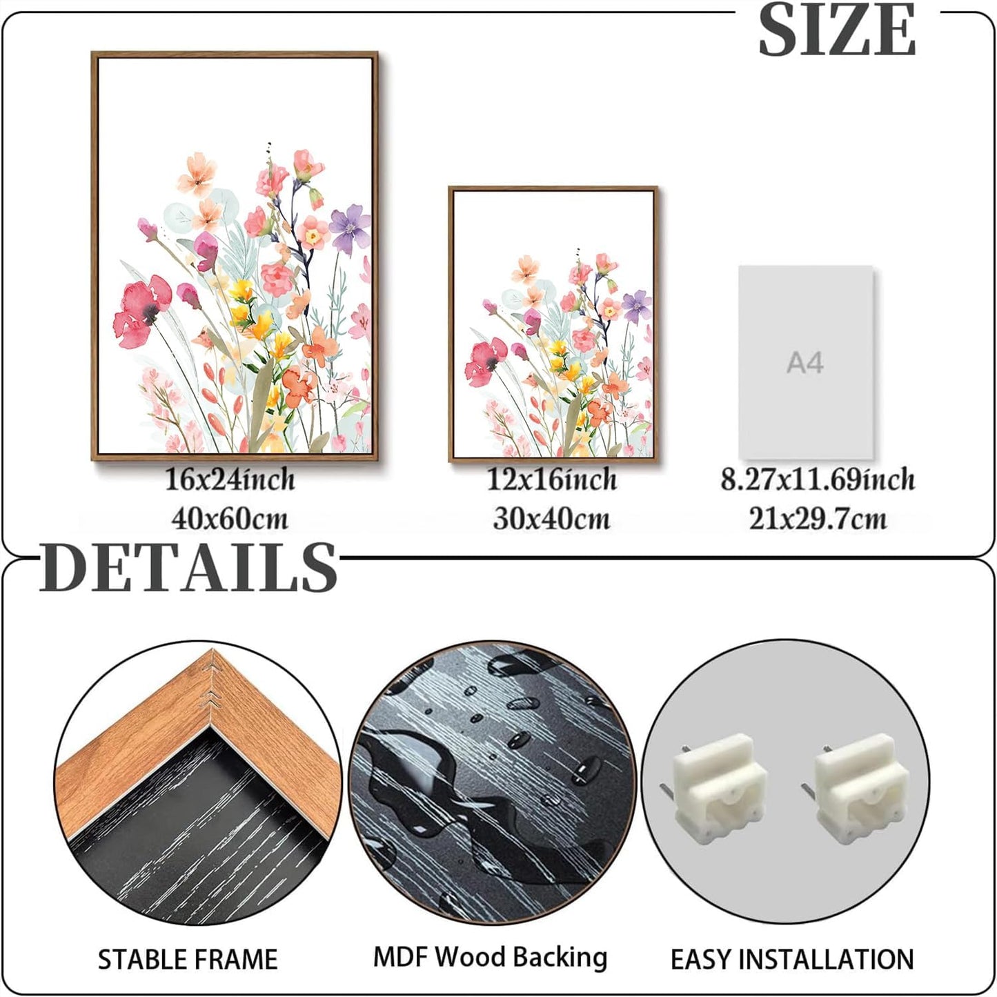 MTFBWY 3Pcs Framed Wildflower Canvas Wall Art – Red Floral Wall Art Watercolor Prints, Pink Botanical Artwork, Colorful Flower Pictures Decor Printing for Living Room, Bedroom, Bathroom 16L x 12W