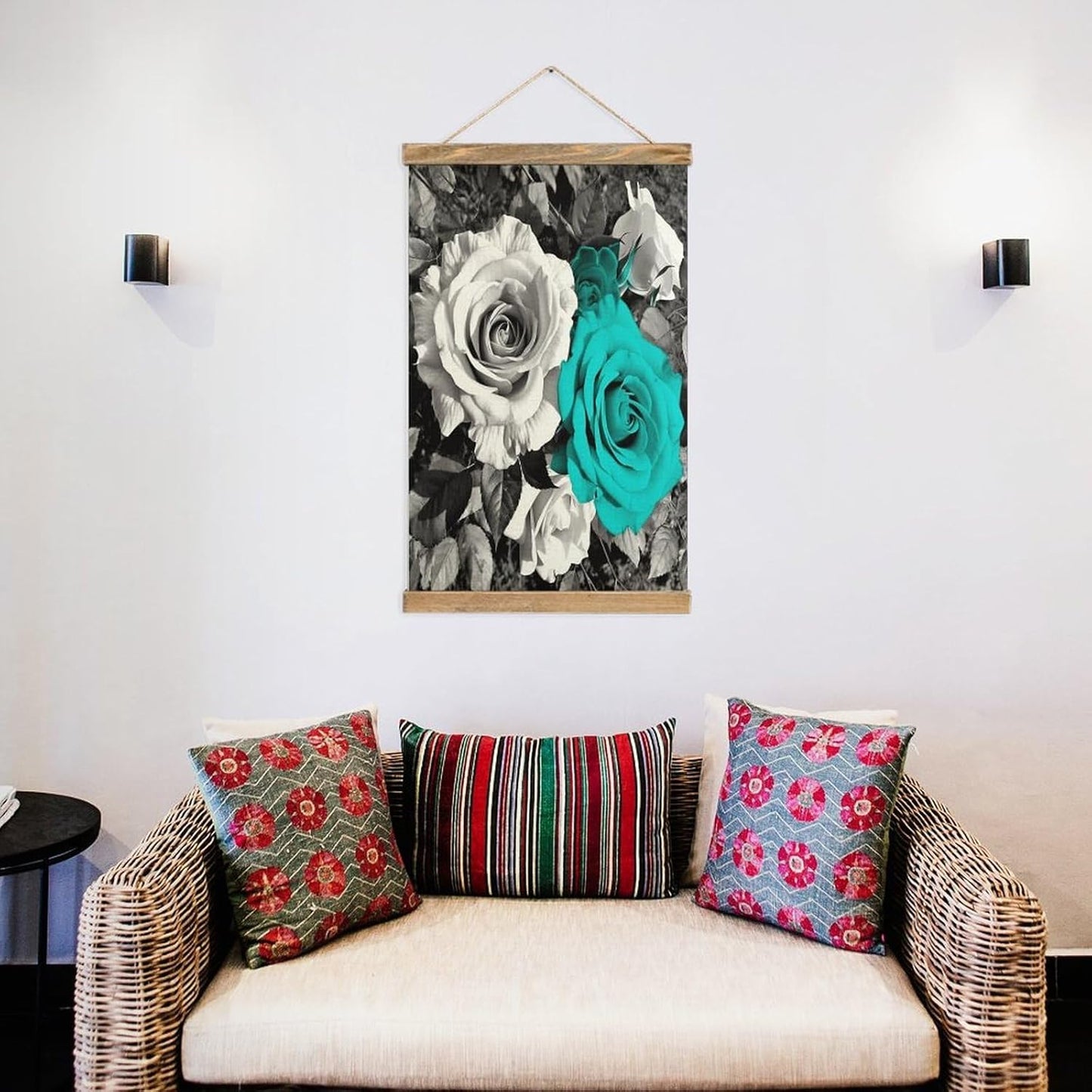 Vintage Black White Teal Gray Rose Flowers Poster with Wooden Frame Personalized Linen Hanging Scroll Painting Rustic Wall Hanging Illustrative Modern Artwork Decor for Home Living Room Bedroom Office