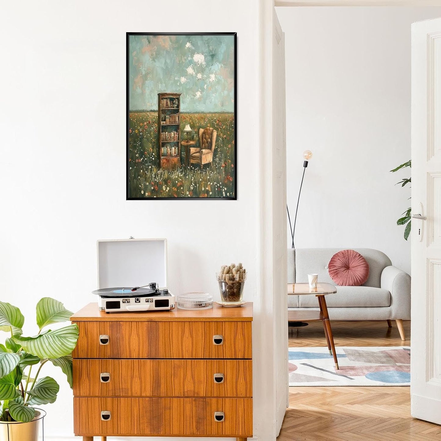 Retro Bookshelf Books Canvas Posters Floral Field Reading Book Wall Art Rustic French Country Bookish Prints Painting For Living Room Bedroom Library Wall Decor 8x12in Unframed