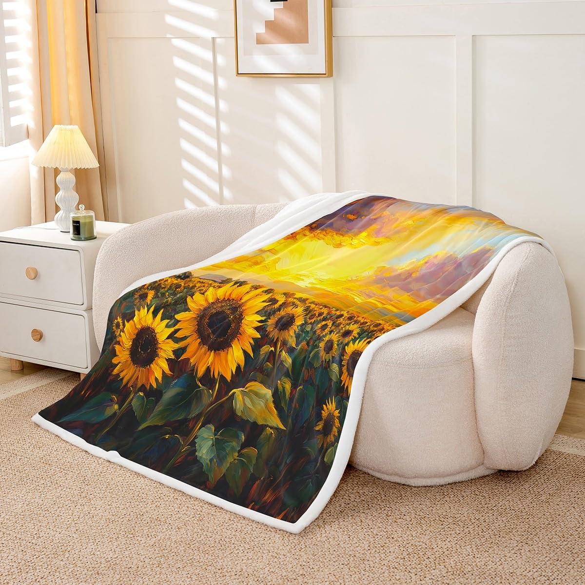 Feelyou Sunflowers Blanket Sunflowers Oil Painting Fleece Throw Blanket for Kids Adult Boys Girls Sunset Plush Blanket Wild Flower Fuzzy Blanket for Sofa Bed Couch,Queen 90x90 Inches
