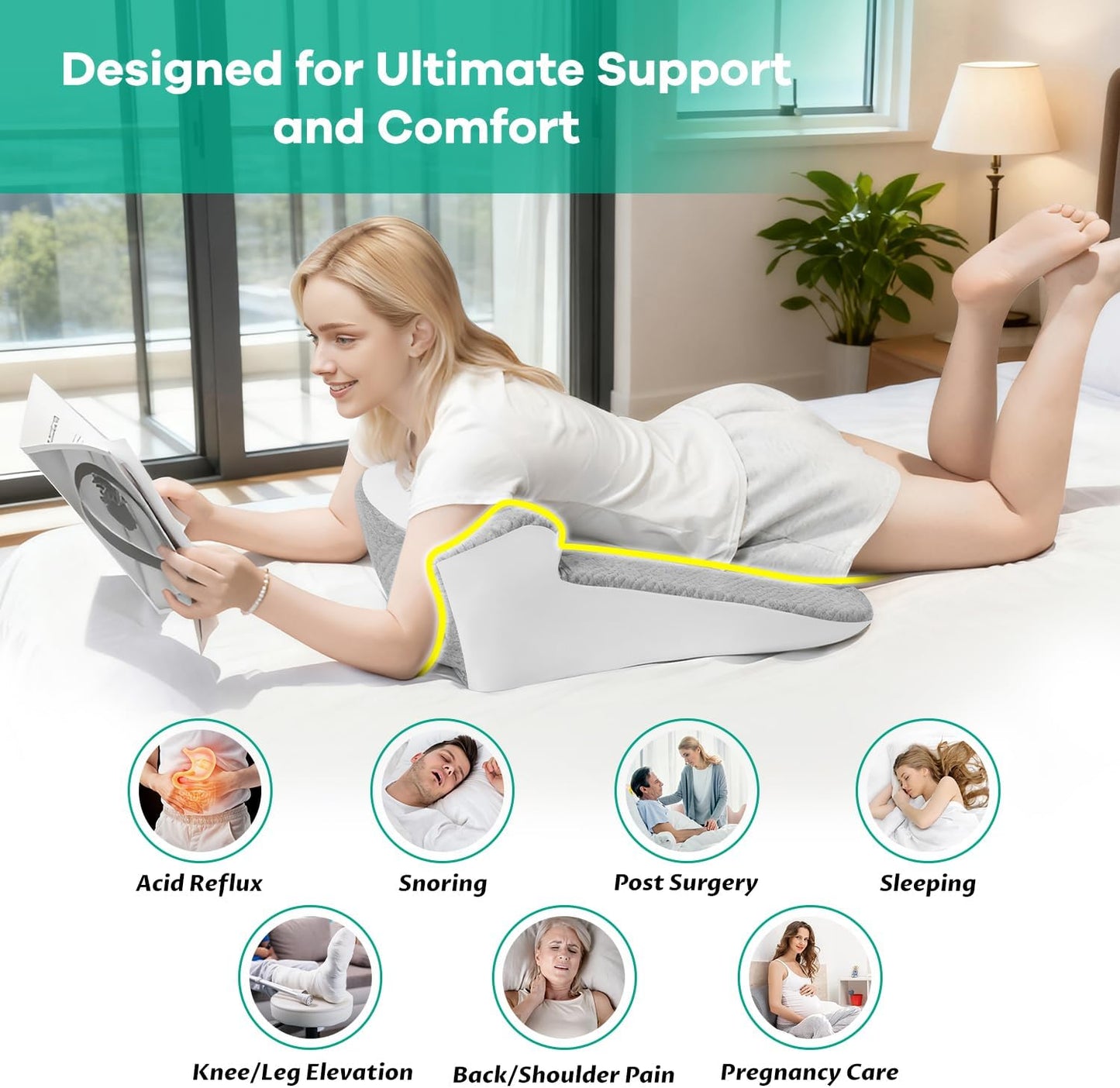 Bed Wedge Pillow for Headboard, Ergonomic Wedge Pillow for Sleep Apnea Memory Foam Reading Pillow for Back, Neck & Head Comfortable Support-Grey