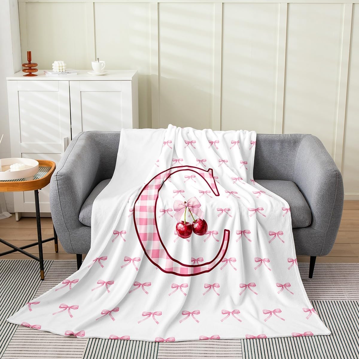 Erosebridal Cartoon Bowknot Flannel Blanket 40x50 Initial C Letter Fuzzy Plush Throw for Sofa Couch Princess Coquette Decor Fleece Blanket Buffalo Plaid Cherry Monogrammed Pattern