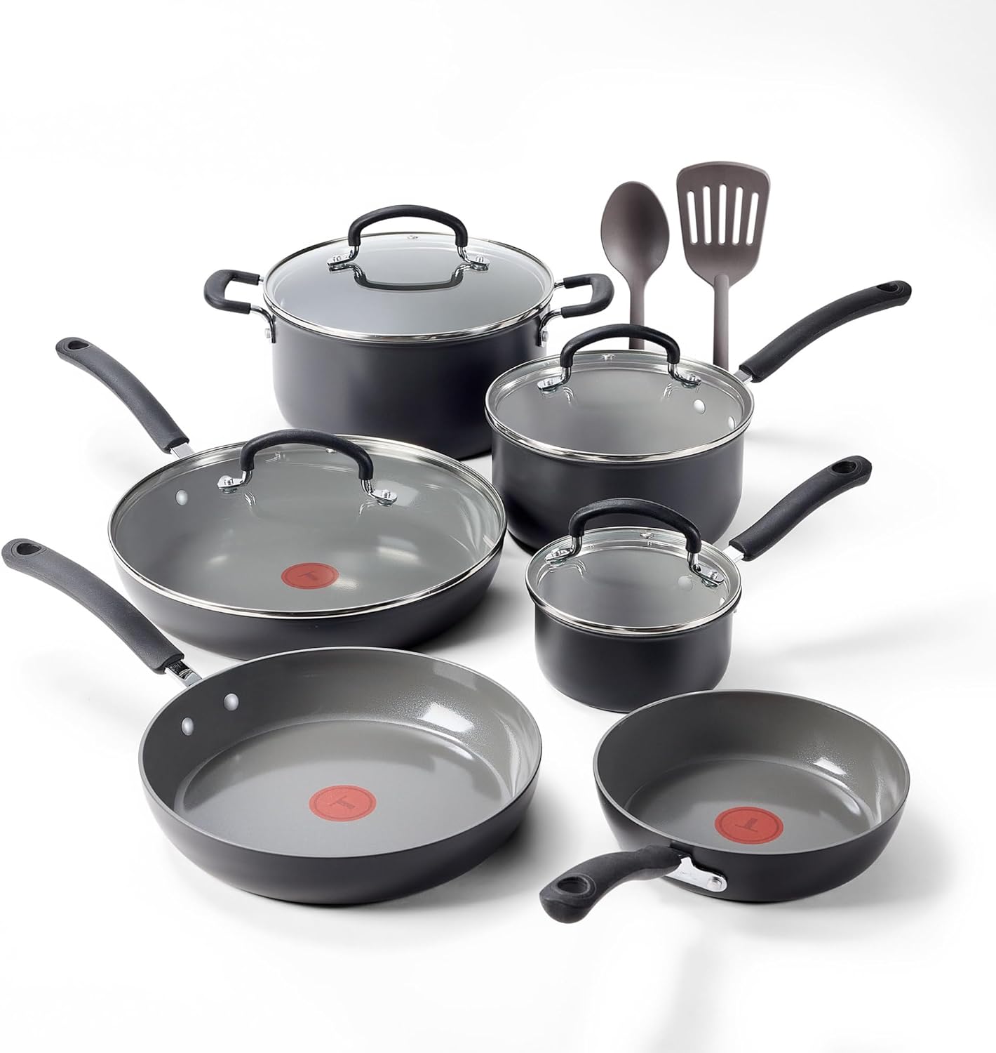 T-Fal Ultimate Hard Anodized 12-Piece Ceramic Nonstick Cookware Set, Oven Safe Up to 400°F, Ceramic Pots and Pans Set, Frying Pans, Saucepan, Stockpot, Cooking Utensils, Grey