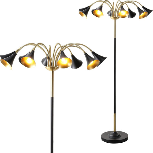 JONATHAN Y 61" Brass Gold/Black 10-Light Mid-Century Modern Floor Lamp, Medusa Multi Head Standing Lamp with Metal Shades for Living Room, Foot Switch, 10 LED Bulbs (JYL3096B)