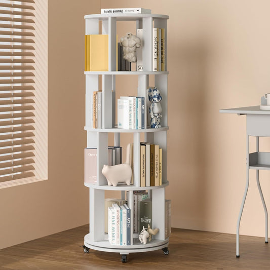 Rotating Bookshelf, 4-Tier Solid Wood Spinning Bookcase with Wheels, 360° Revolving Bookshelf Tower with Lockable Casters, Compact Round Book Tower for Kids Room, Bedroom, Small Space, White