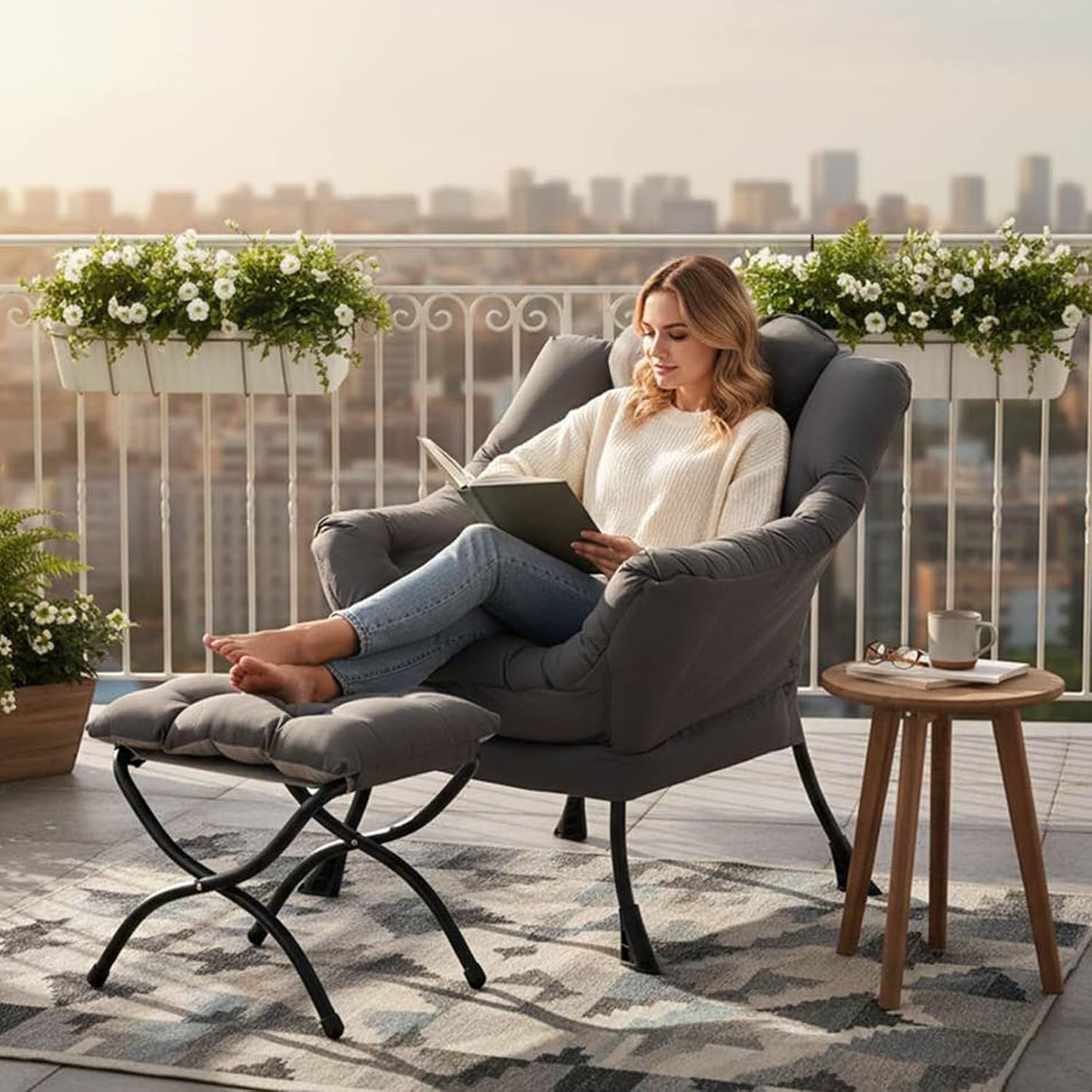 Tiita Lazy Chair with Ottoman, Gray Modern Large Accent Chair, Comfy Leisure Sofa Armchair with Ottoman, Reading Chair with Footrest for Bedroom, Living Room, Dorm Rooms, Garden Dark Grey