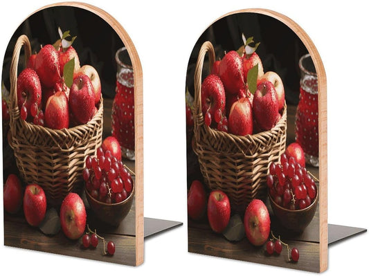 Red Fruit in A Basket Bookend for Shelves Wooden Book End Large Size Sturdy Book Holders Stoppers with Metal Base for Bookshelves Slick Decorative Bookends Stands