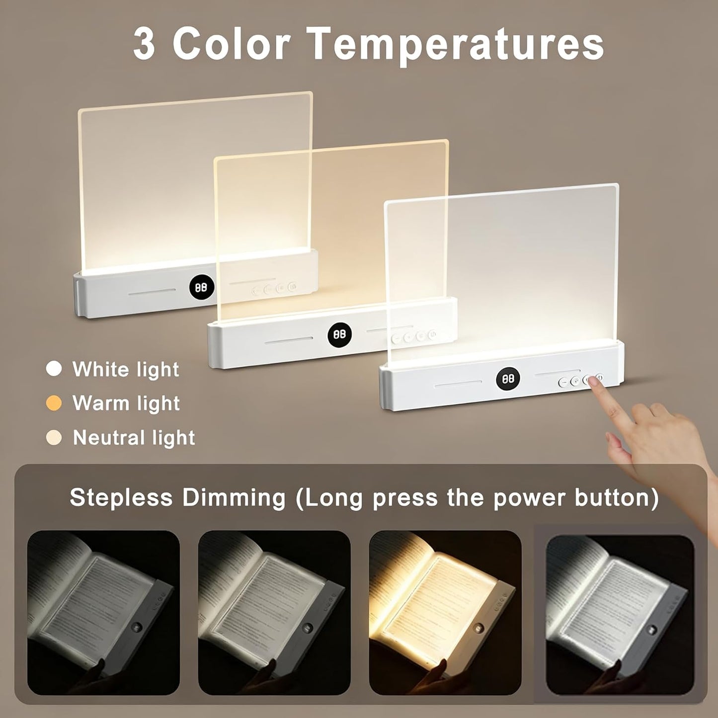 Smart Flat Book Light, Rechargeable Clear LED Reading Light with 3 Colors & Timer, Flat Reading Lamps for Book, Dimmable Full Page Panel Plate Lamp, Kids Eye Protection for Night Reading in Bed