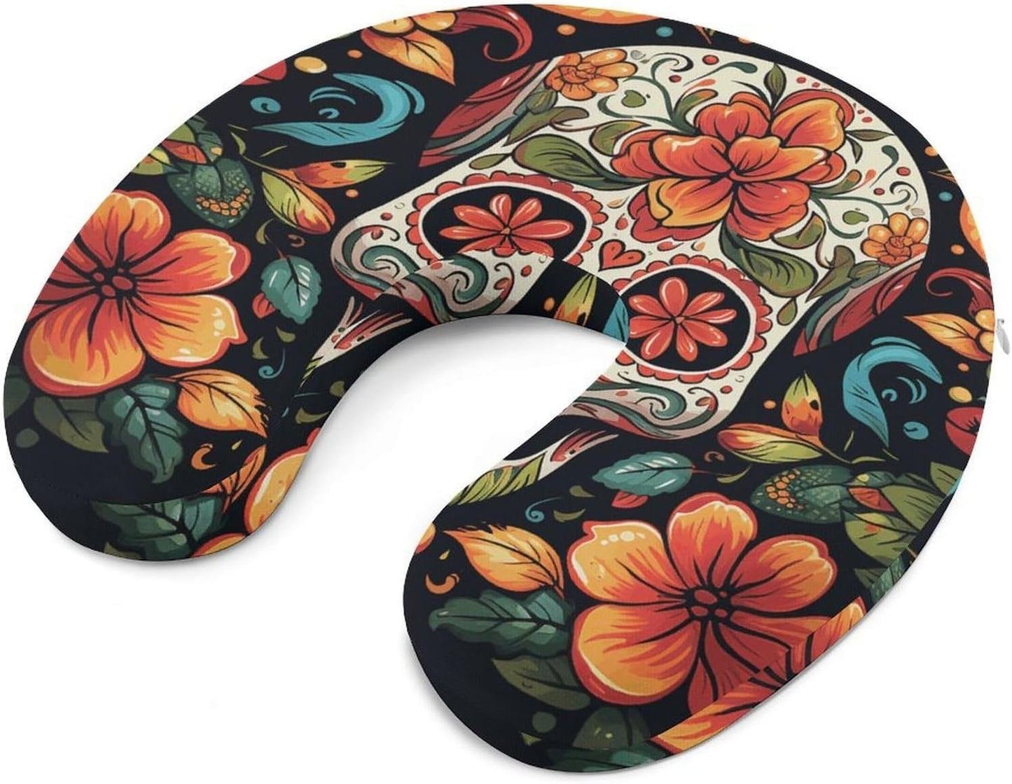 Colorful Sugar Skull Neck Pillow Memory Foam U Shaped Pillows Portable Pillows for Shoulder Travel Head Support Pillow with Concealed Zipper for Airplane Car Home Office