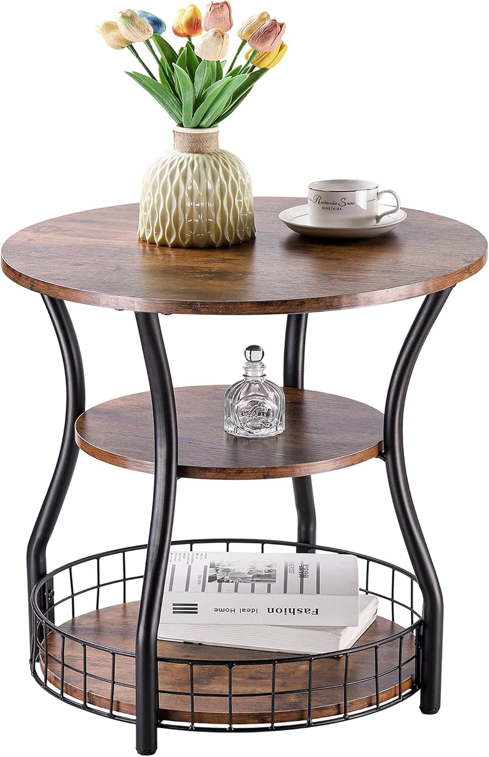 Round Side Table,3 Tier End Table with Storage Shelves for Living Room, Accent Sofa Couch Table for Small Spaces,Nightstand with Metal Frame for Bedroom, Rustic Brown - 19.7"