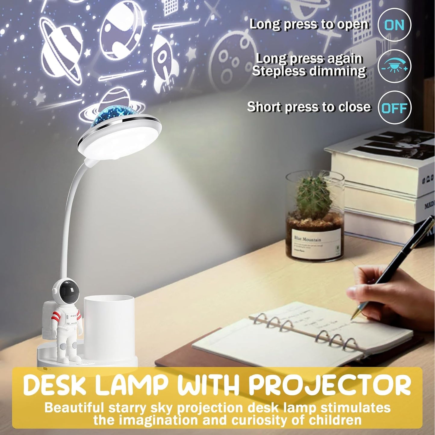 Astronaut Desk Lamp for Kids,Star Space Projector Space Rocket Lamps,Astronauta Lights with Pen Holder,Step-Less Dimming Lighting,Eye-Care Reading Small Desk Lamps for Bedroom,Gifts for Boys and Girls