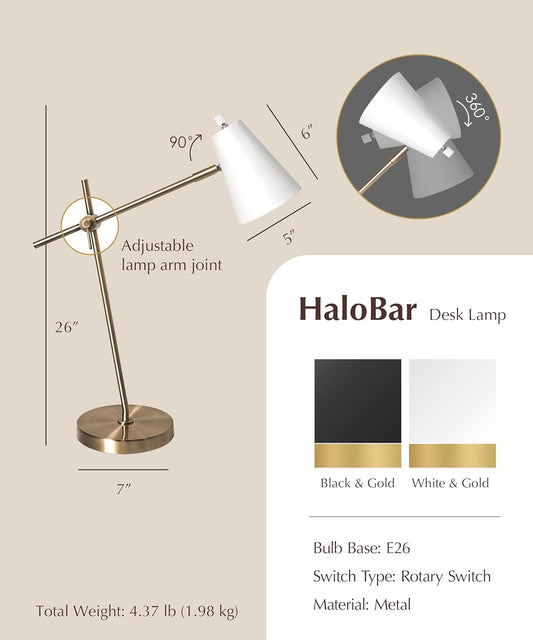 HarvestLand HaloBar Brass Desk Lamp Home Office – White Industrial Table Lamp with Solid Base for Office, Reading Lamps for Bedside Table, Study and Reading Task Lamp, Gifts for Adults