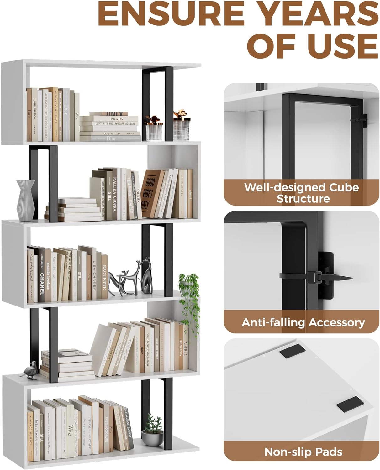 Gadroad 5 Tier Geometric Bookcase,S Shaped Bookshelf, Wood Decorative Storage Shelving, Modern Freestanding Display Shelves, Tall Book Shelf Unit for Living Room Bedroom, White