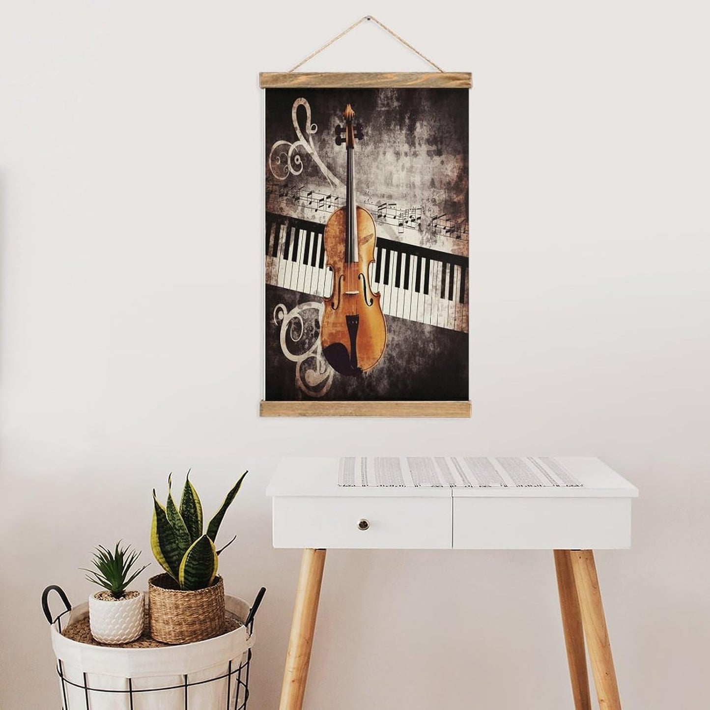 Vintage Piano Violin Music Notes Poster with Wooden Frame Personalized Linen Hanging Scroll Painting Rustic Wall Hanging Illustrative Modern Artwork Decor for Home Living Room Bedroom Office