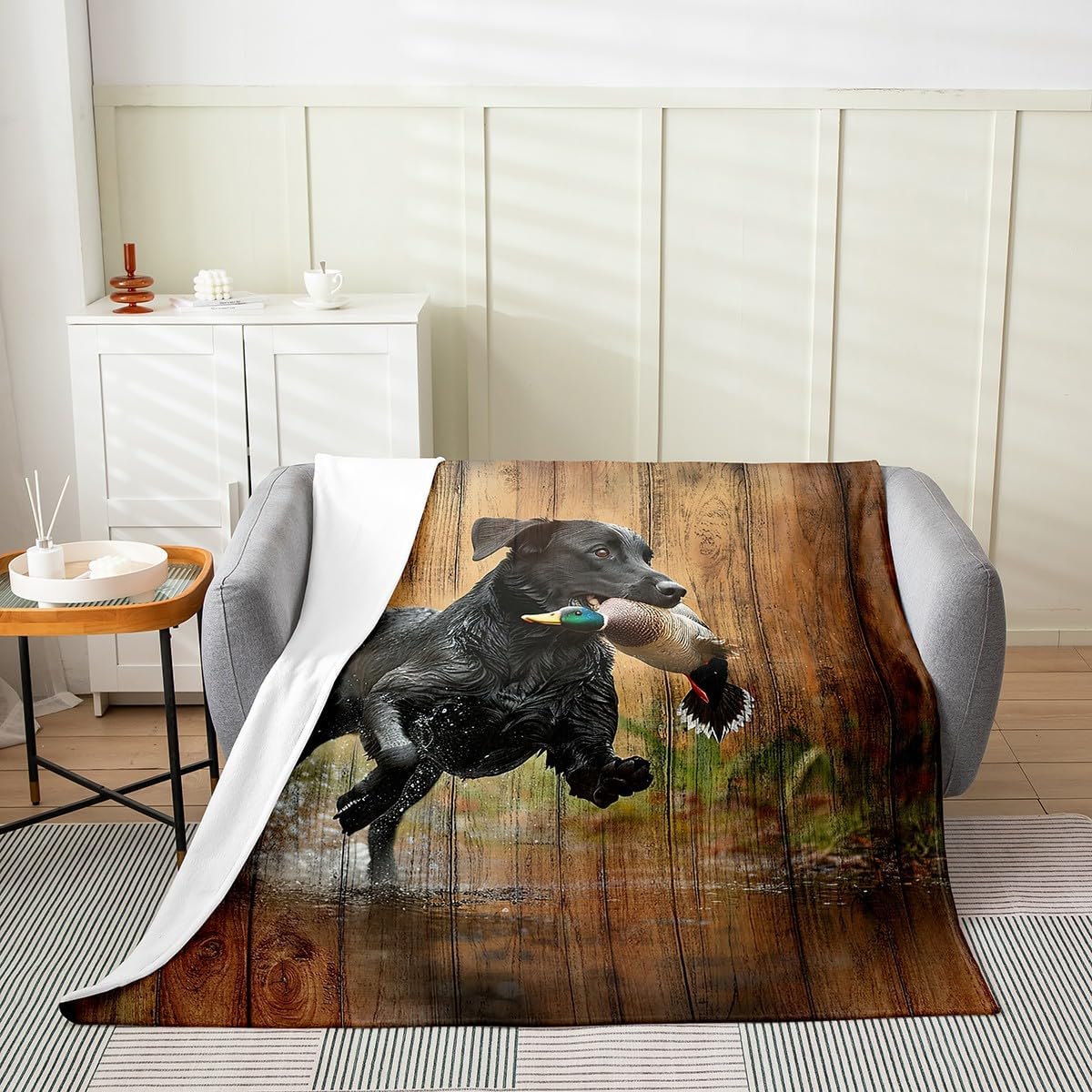 Feelyou Duck Hunting Fuzzy Blanket Throw 50"x60" Black Dog Mallard Duck Hunting Flannel Fleece Throw Blanket for Sofa Couch Farmhouse Cabin Wood All Season Bed Blanket Plush Blanket