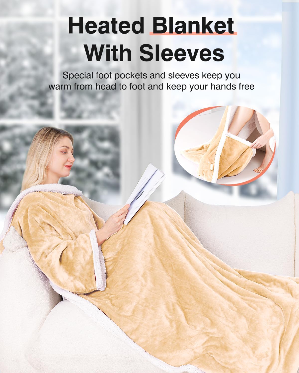 Wearable Heated Blanket with Sleeves, Electric Heated Robe with Foot Pockets, Electric Snuggie for Women, 9 Heating Levels & 2-10 Hours Timer, 50"x70" (Light Yellow)
