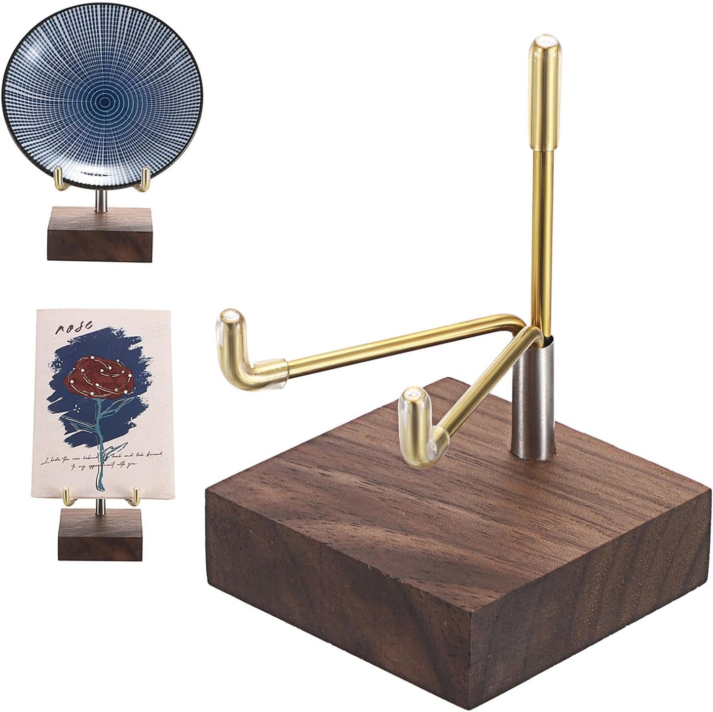 Hipiwe 2Pcs Small Display Stand Adjustable Metal Arms and Wooden Base - Decorative Plates Display Stand Easel Holder for Crystal Fossil Slice Coral Geodes Rock Mineral Agate, 2"x2"x3.2"