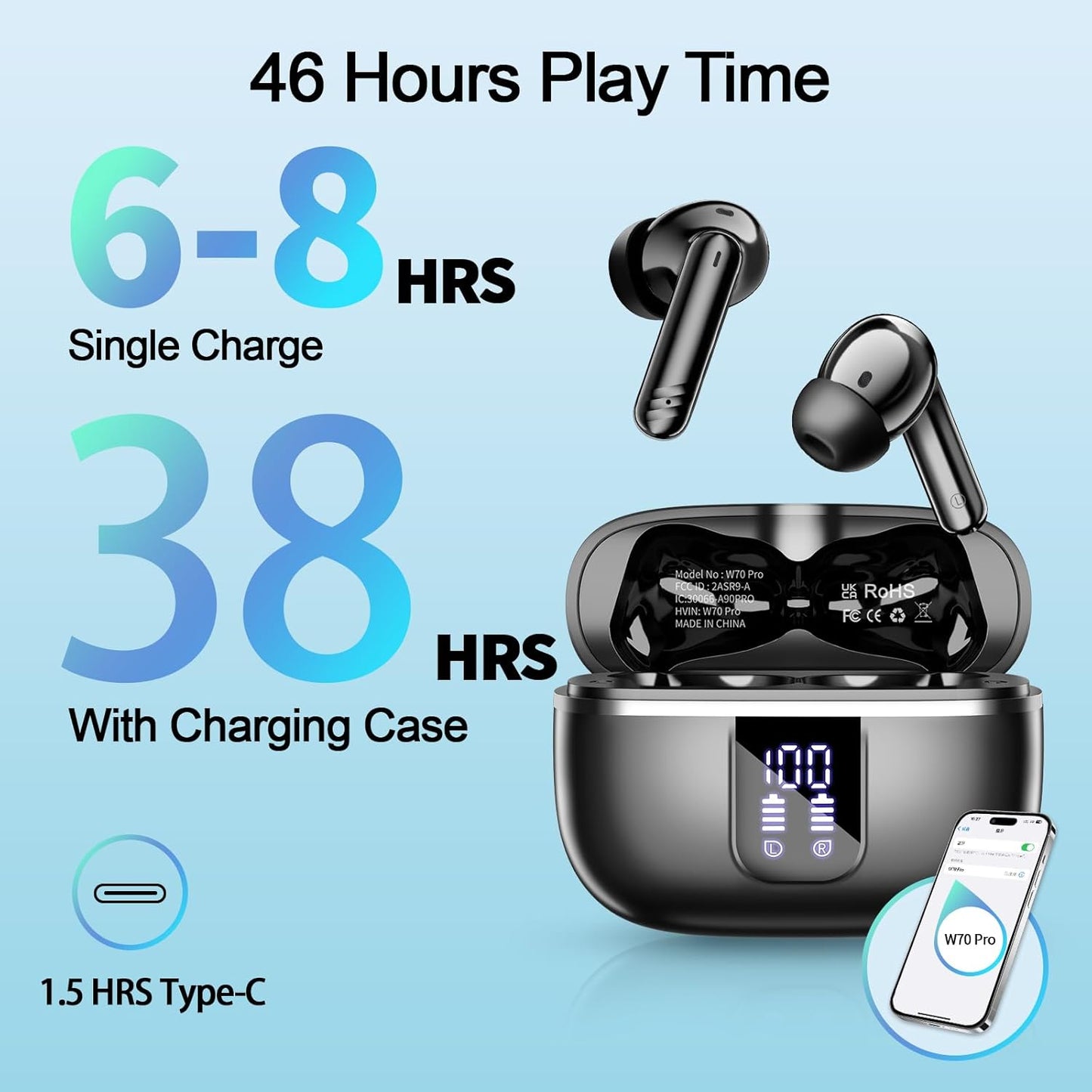 2026 New Wireless Earbuds, Bluetooth 5.4 Headphones with Noise Cancelling Mic, 46H Headphones with 3D Bass Stereo Sound, Ultralight, USB-C LED, Waterproof IPX7 Earphones for Android iOS. Black