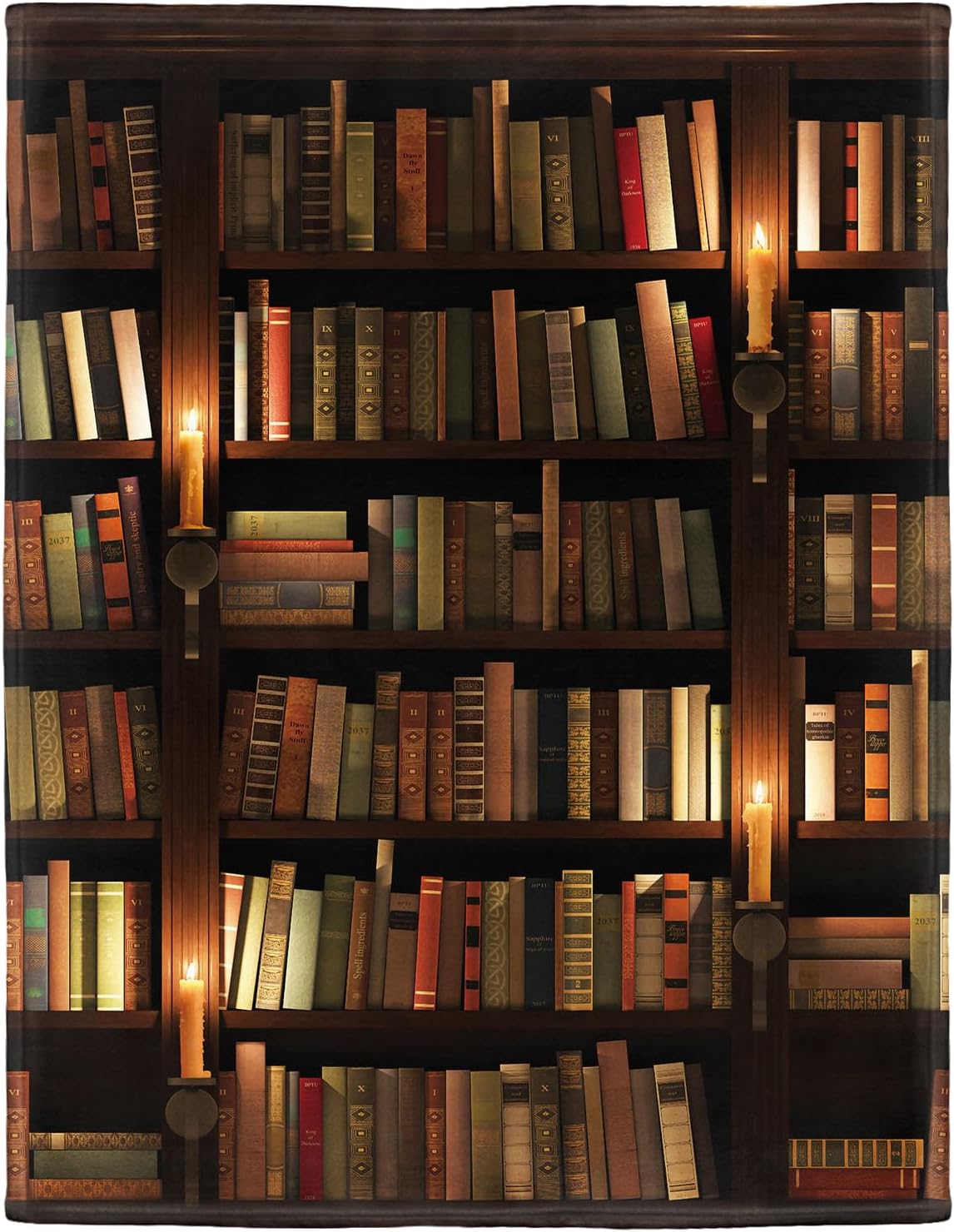 Blanket with Books on It, Soft Warm Fleece Throw Blankets for Book Lovers Gift Ideas, Vintage Library Bookshelf Candlelight, 40"x50"