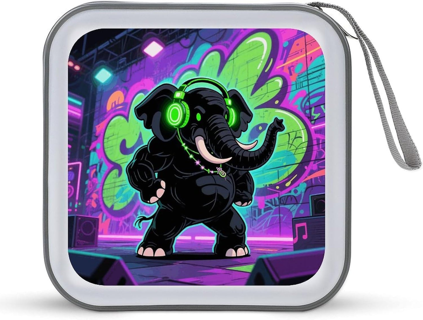 Elephant with Headphones CD Case Portable Zipper CD Case 40 Capacity Hard Plastic DVD Cases Holder Large Storage Disc Wallet Bag for Car Home Travel DVD Collection Bag