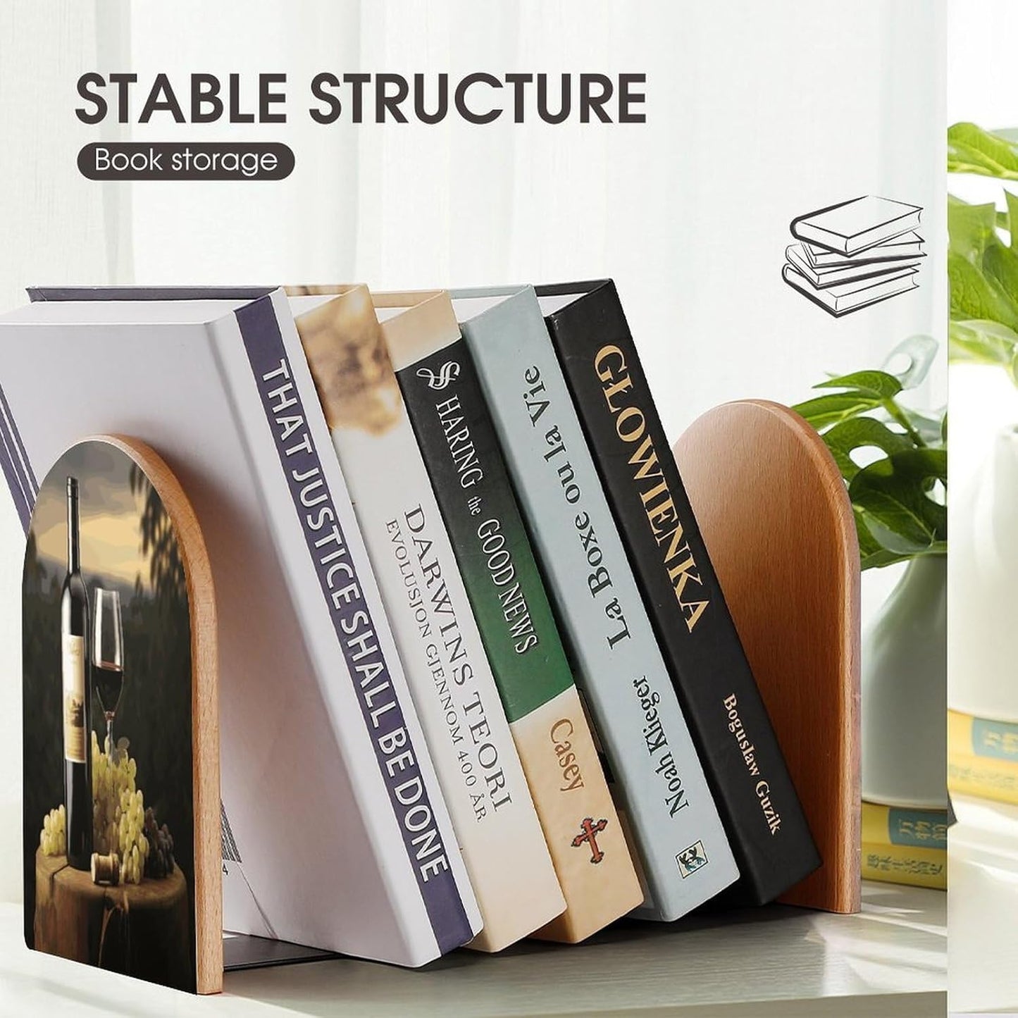 Red Wine Wooden Bookend Non-Slip Book Ends Heavy Duty Book Stopper with Metal Base Books Holderd Decorative Bookends Stands Firmly for Office Supplies