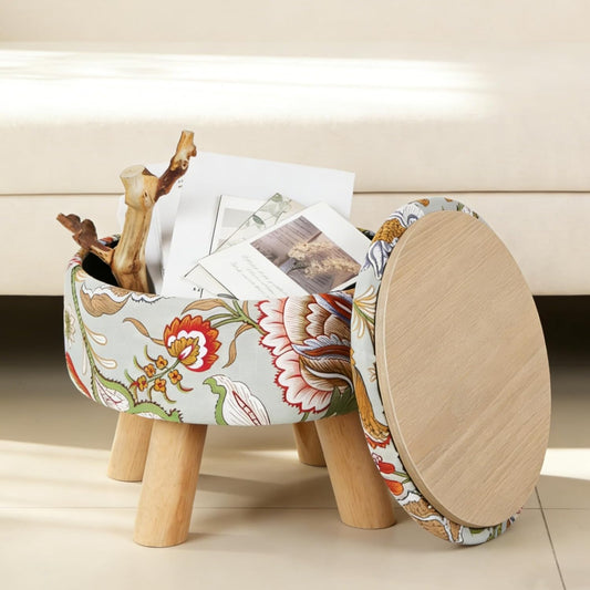 ETELI Storage Ottoman Round Small Foot Rest with Wood Legs Boho Footstool with Padded Seat Ottomans and Footstools for Couch Hallway Living Room Bedroom Enterway
